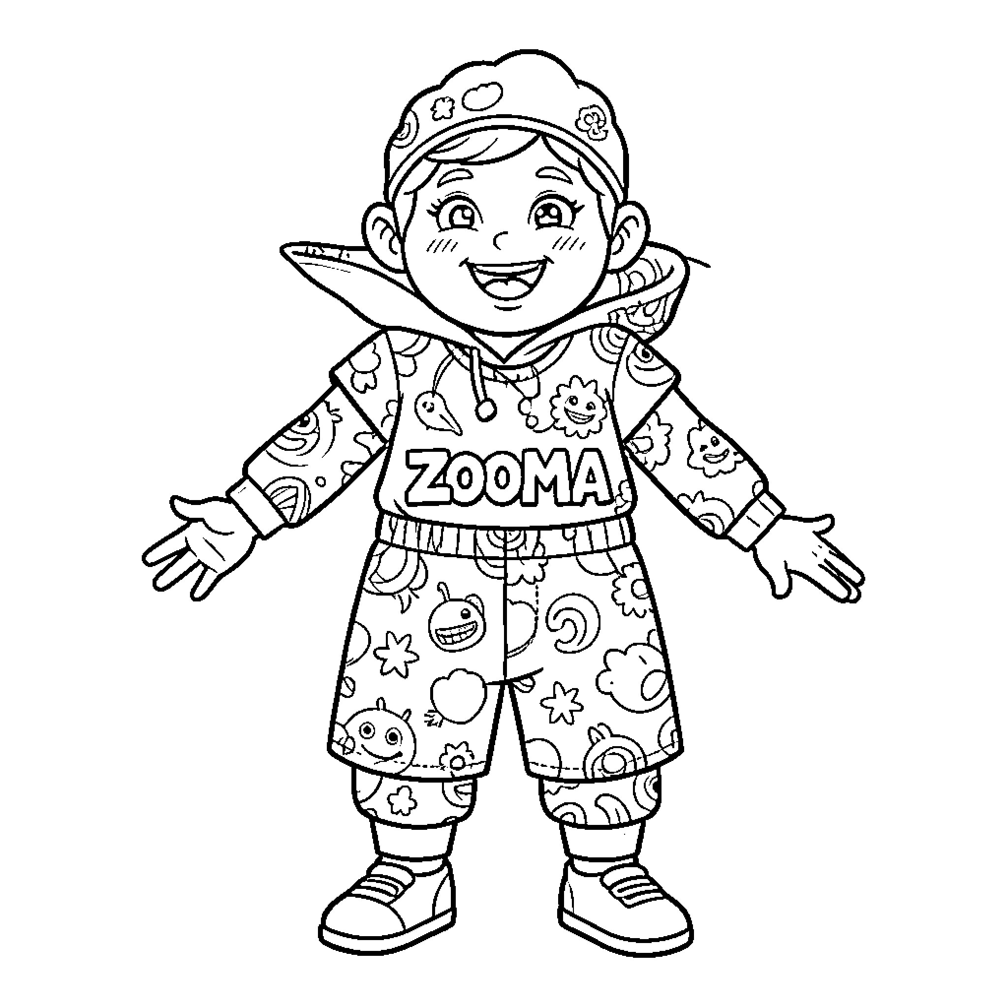 Ruben's Colorful Zooma Outfit and Playful Expression Coloring Page (free black-and-white line drawing printable PDF for all, from beginners to advanced learners, including children, teens, adults, and seniors)