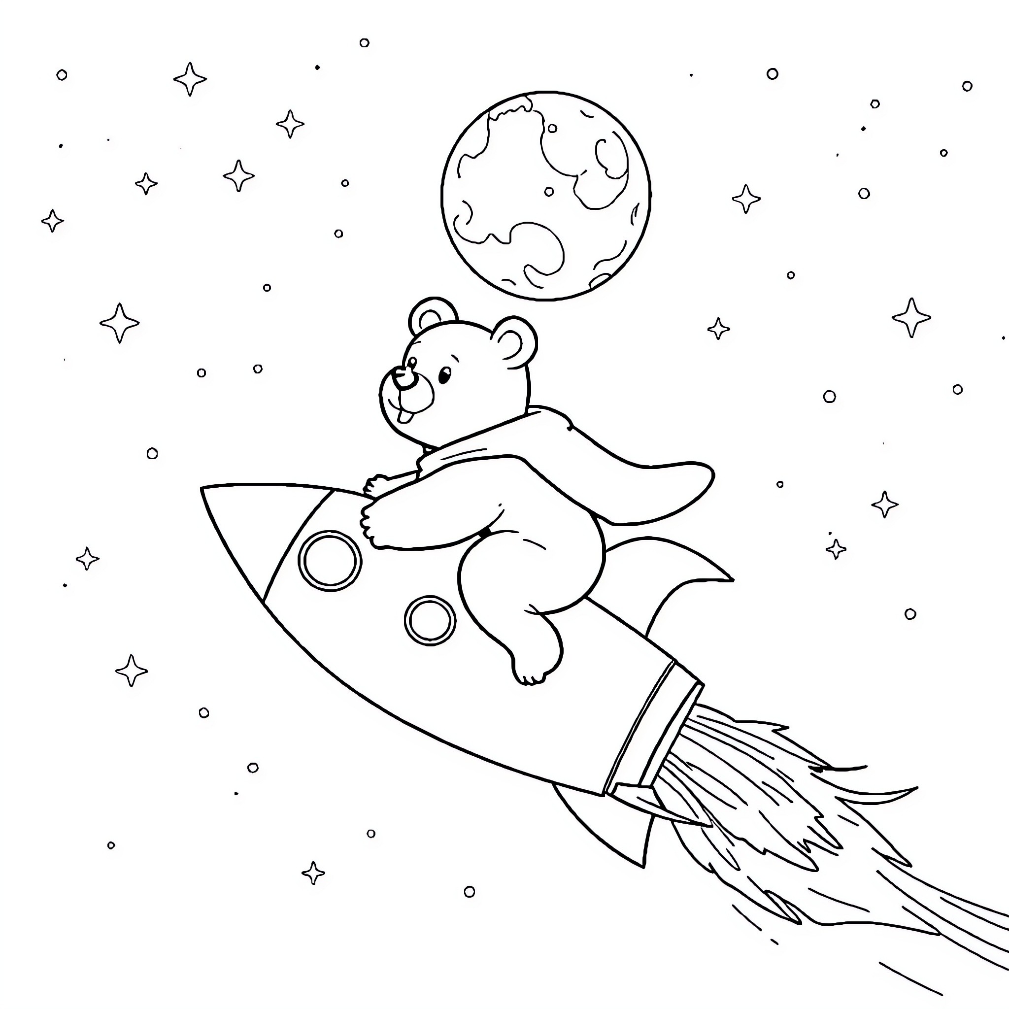 Bear riding a rocket through the starry night Coloring Page (free black-and-white line drawing printable PDF for all, from beginners to advanced learners, including children, teens, adults, and seniors)