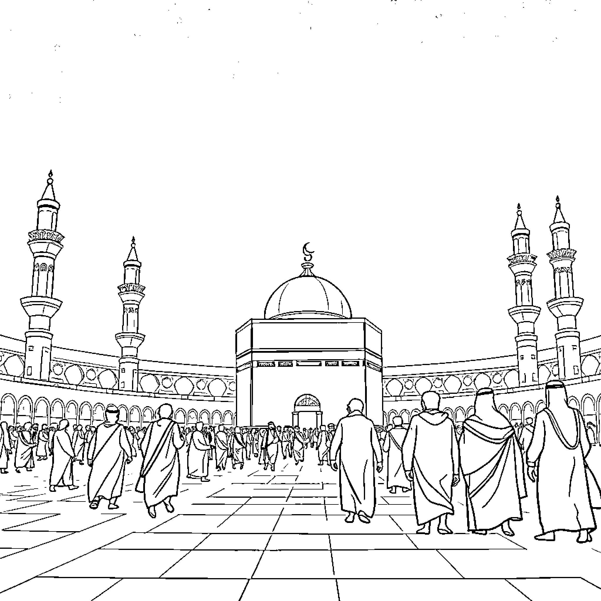 Islam: Worshippers Gather at the Mosque Coloring Page (free black-and-white line drawing printable PDF for all, from beginners to advanced learners, including children, teens, adults, and seniors)
