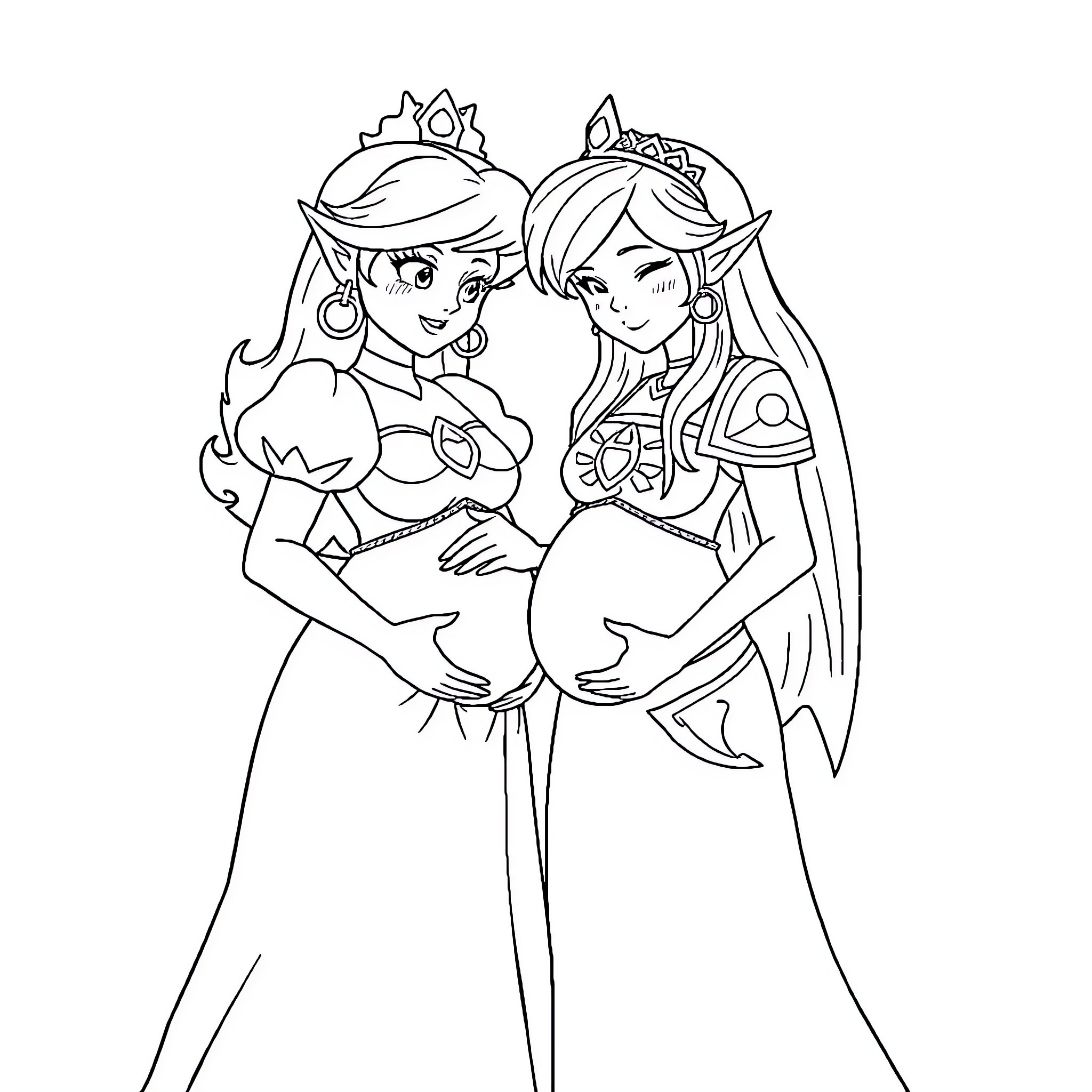 Princesses in Formal Attire Coloring Page (free black-and-white line drawing printable PDF for all, from beginners to advanced learners, including children, teens, adults, and seniors)
