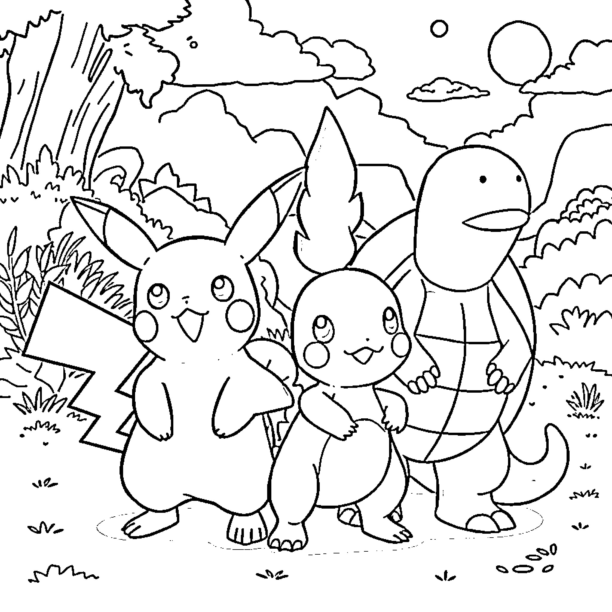 Pikachu and friends enjoying nature's wonders Coloring Page (free black-and-white line drawing printable PDF for all, from beginners to advanced learners, including children, teens, adults, and seniors)