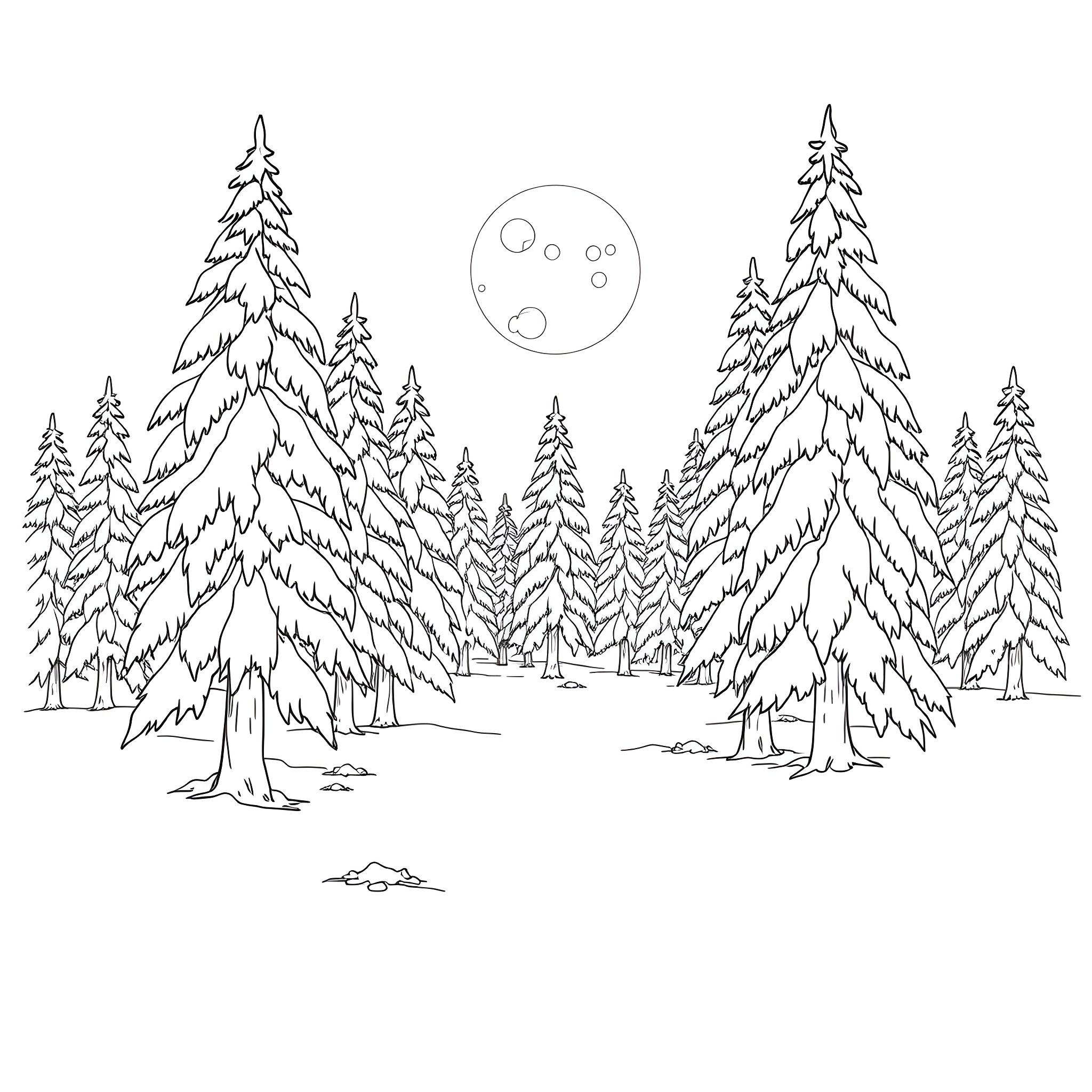 Tree-lined winter landscape with moon Coloring Page (free black-and-white line drawing printable PDF for all, from beginners to advanced learners, including children, teens, adults, and seniors)