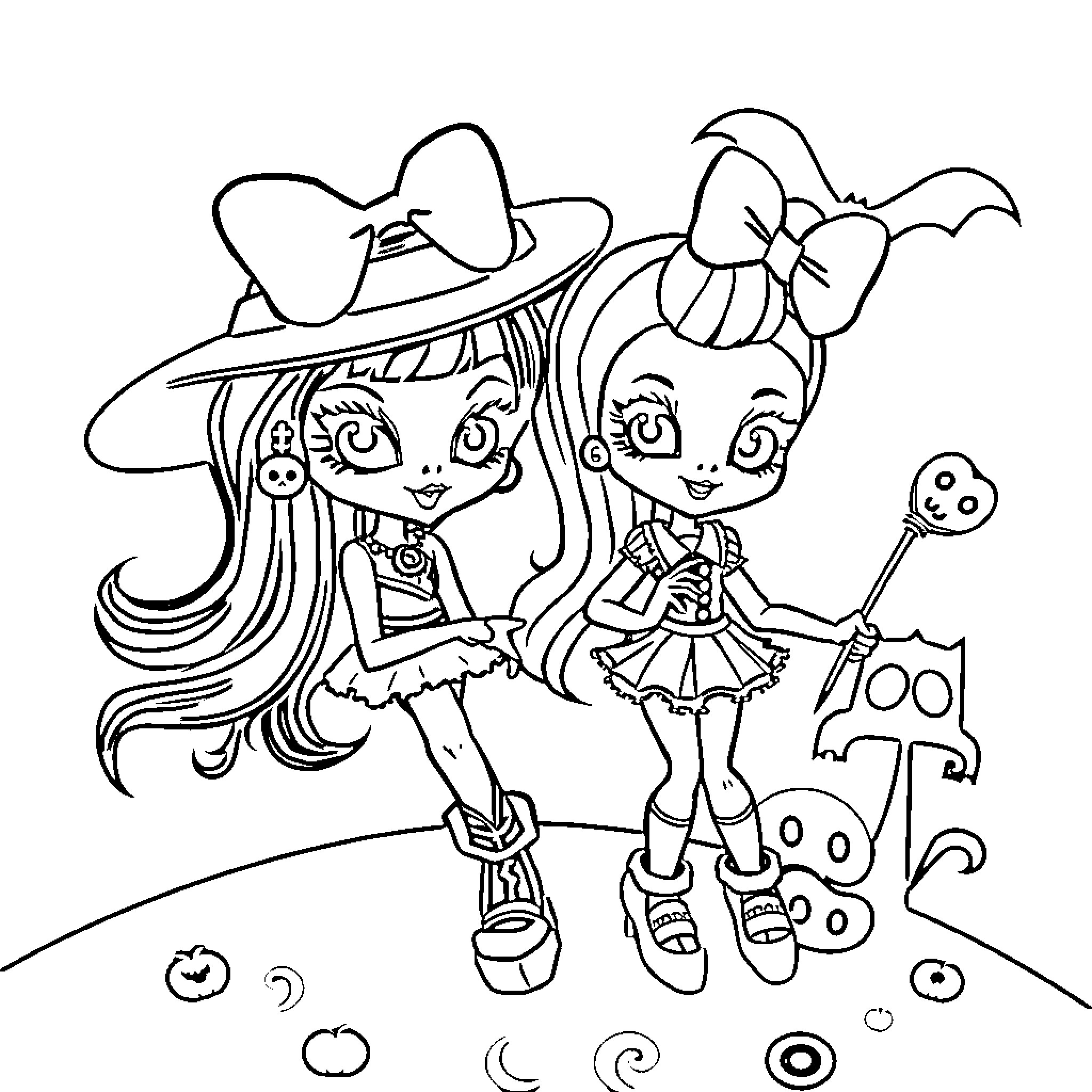 Monster High Stylish Dolls in Spooky Outfits Coloring Page (free black-and-white line drawing printable PDF for all, from beginners to advanced learners, including children, teens, adults, and seniors)