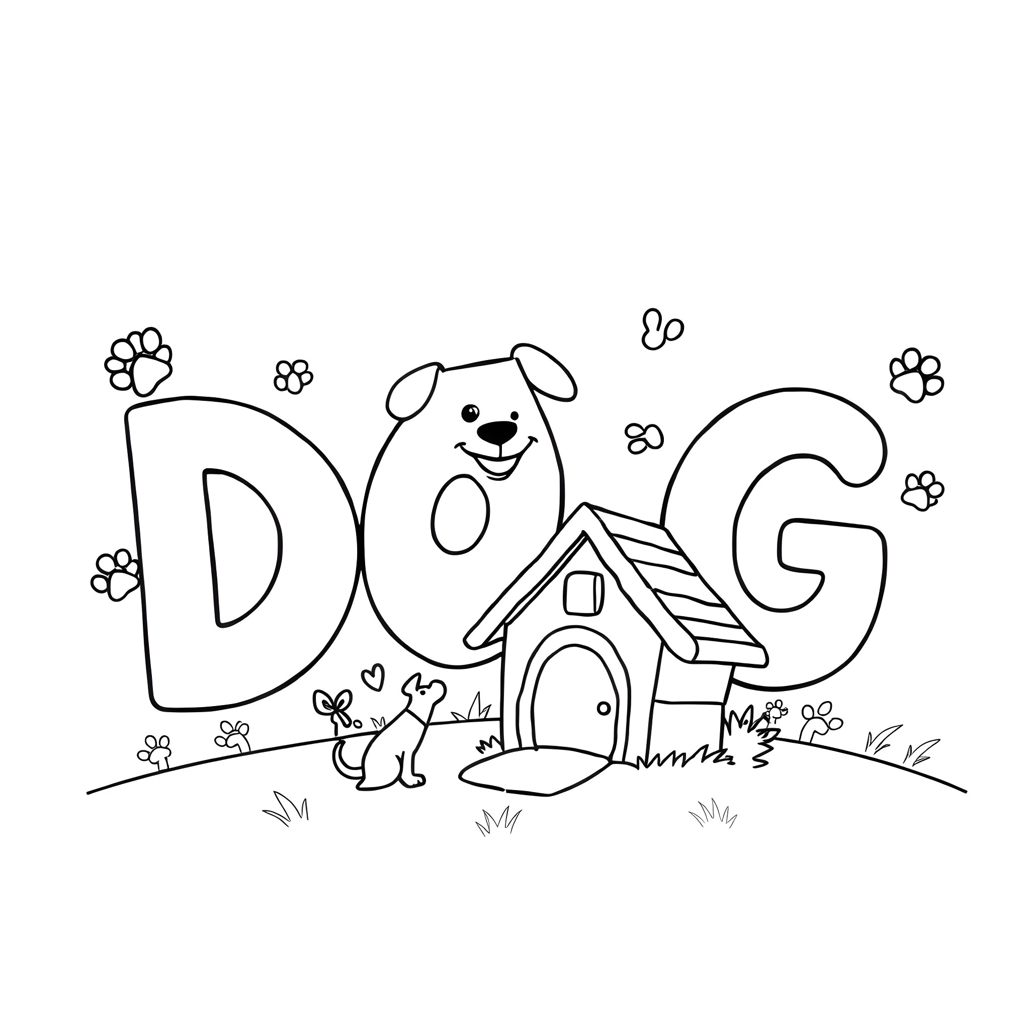 Dog playing happily near dog house Coloring Page (free black-and-white line drawing printable PDF for all, from beginners to advanced learners, including children, teens, adults, and seniors)