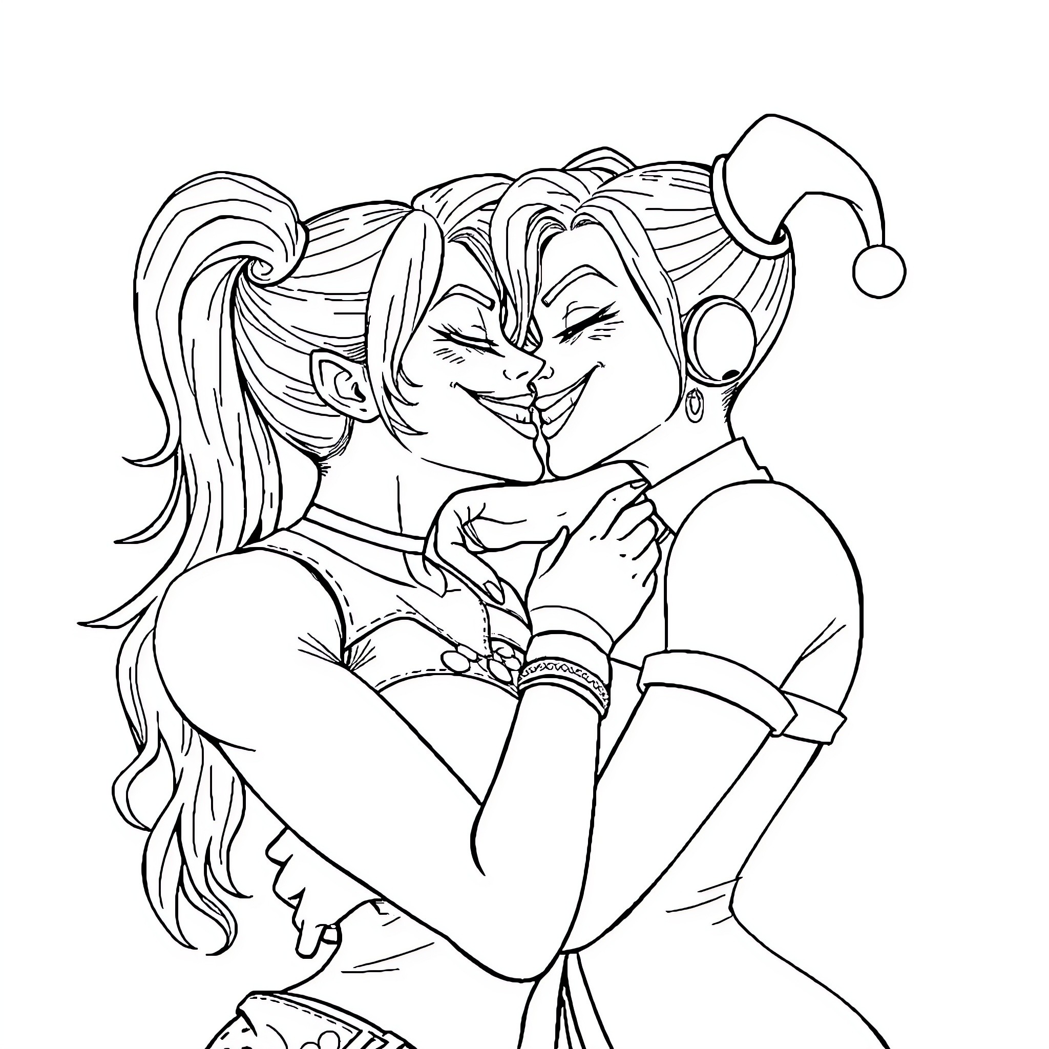 Jinx playfully embracing her companion Coloring Page (free black-and-white line drawing printable PDF for all, from beginners to advanced learners, including children, teens, adults, and seniors)