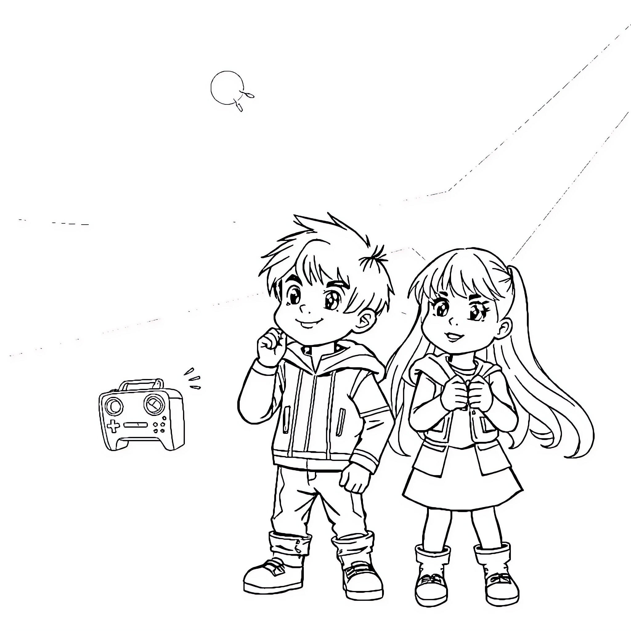 Enfant playing with remote-controlled toy Coloring Page (free black-and-white line drawing printable PDF for all, from beginners to advanced learners, including children, teens, adults, and seniors)