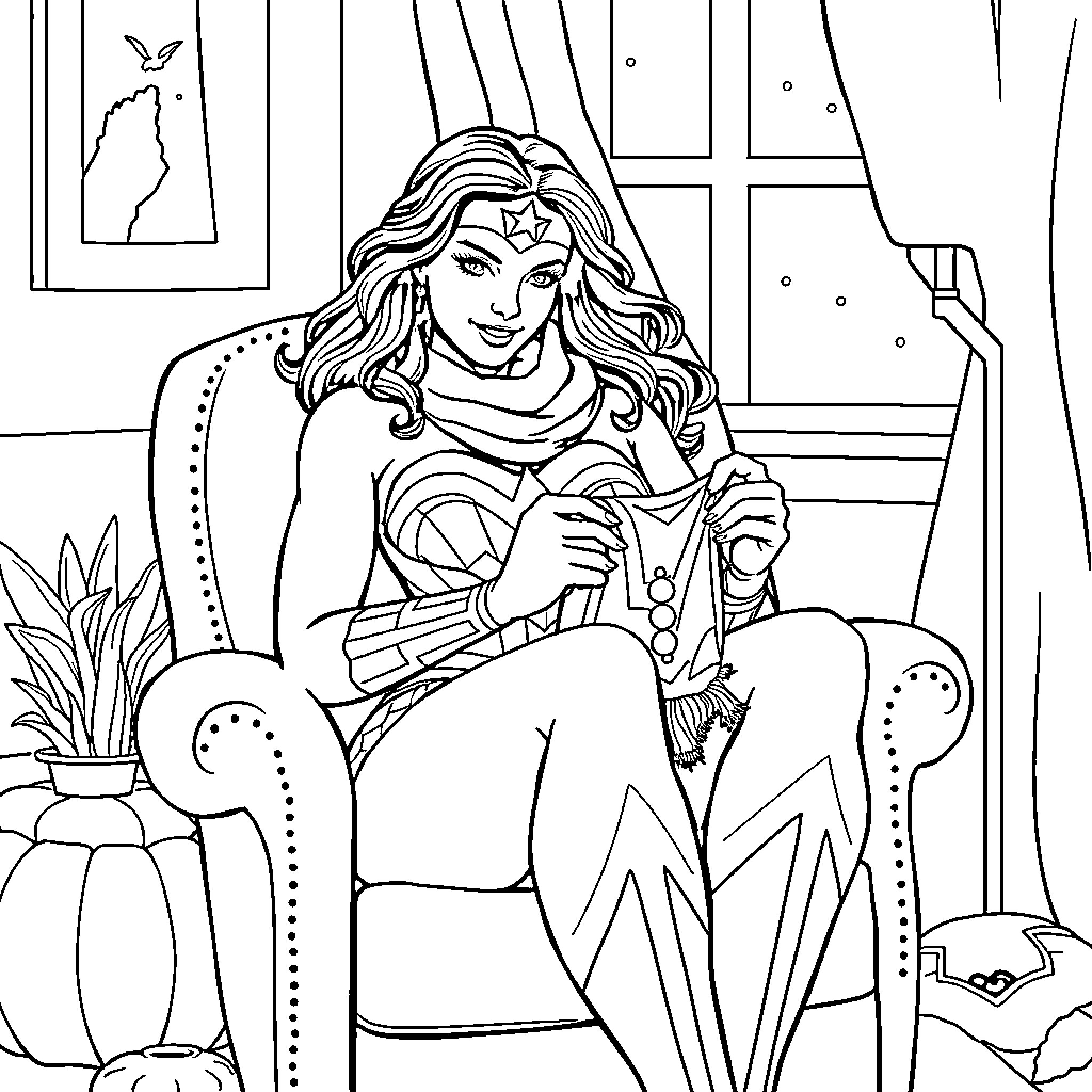 Wonder Woman relaxing in a cozy indoor setting Coloring Page (free black-and-white line drawing printable PDF for all, from beginners to advanced learners, including children, teens, adults, and seniors)