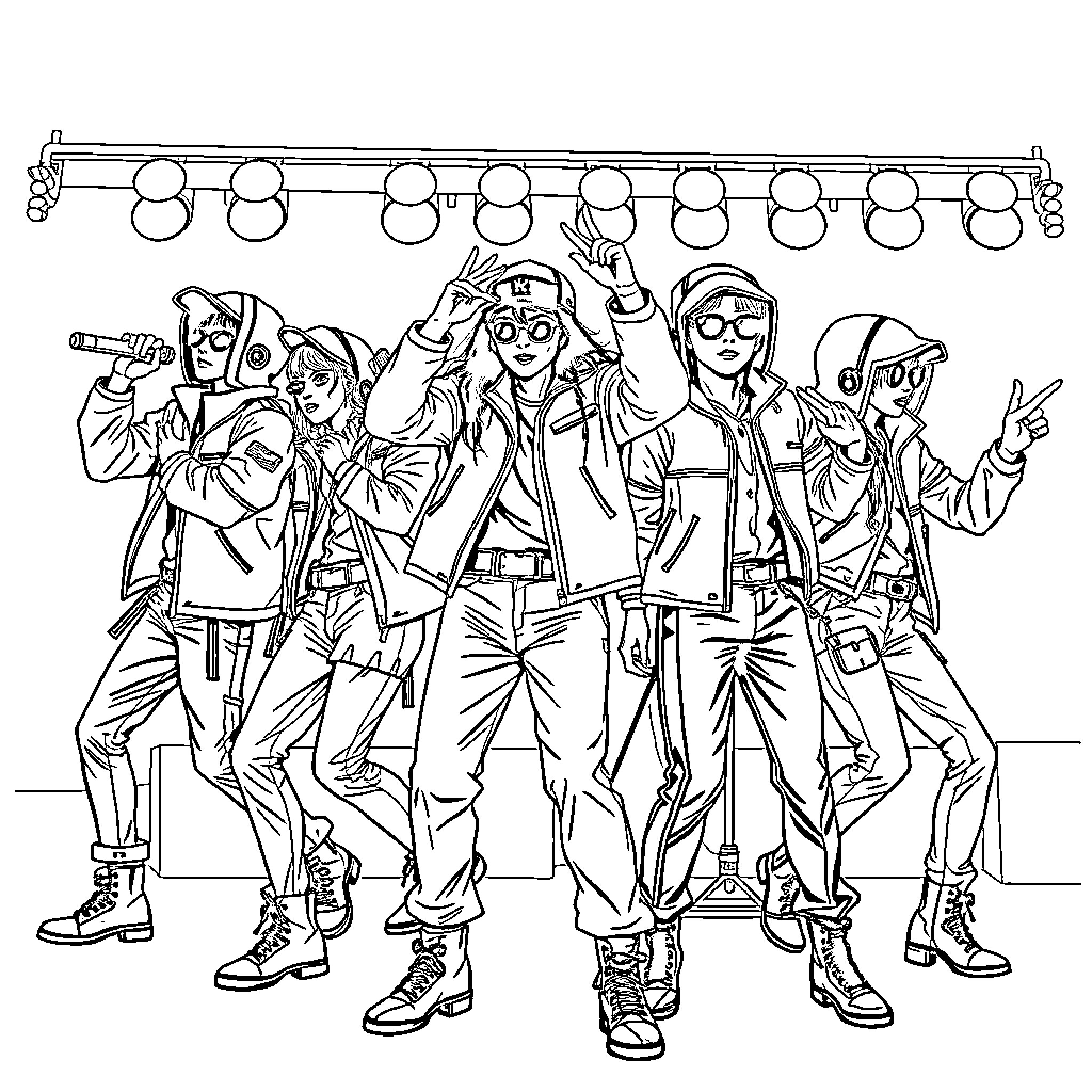 Hunter Teens Celebrate Onstage with Enthusiasm Coloring Page (free black-and-white line drawing printable PDF for all, from beginners to advanced learners, including children, teens, adults, and seniors)