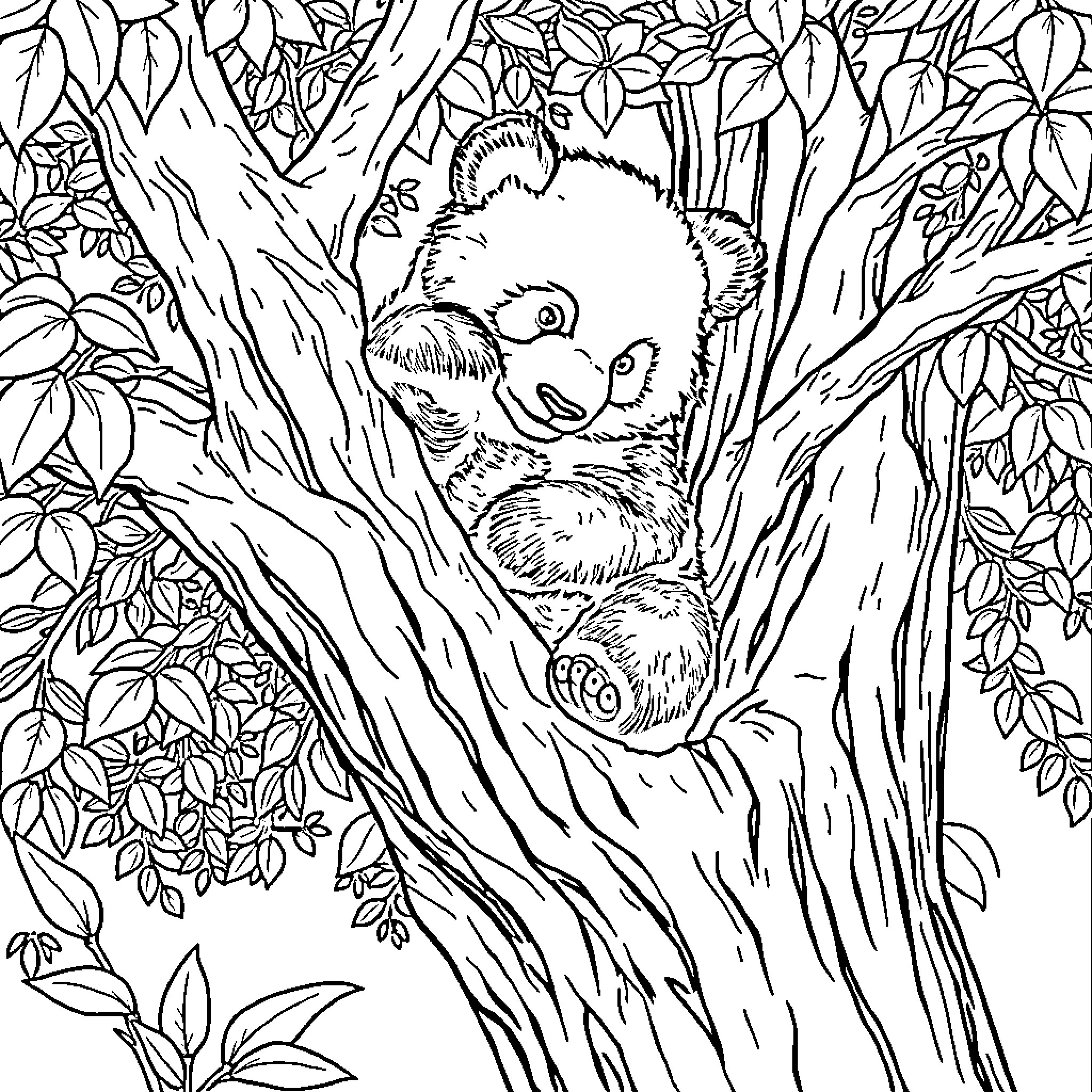 Panda hiding in a lush forest Coloring Page (free black-and-white line drawing printable PDF for all, from beginners to advanced learners, including children, teens, adults, and seniors)