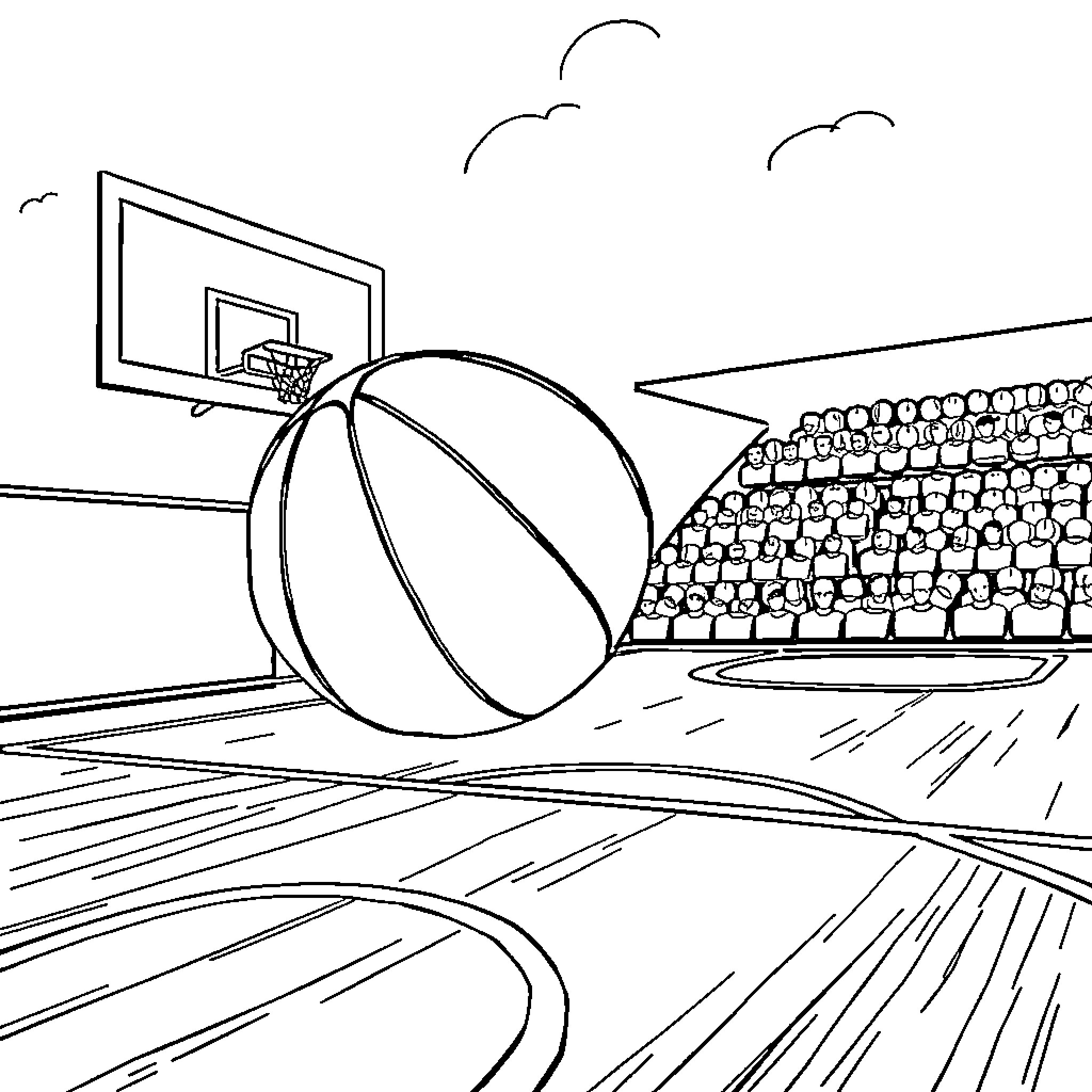 Basketball court with ball and basketball hoop Coloring Page (free black-and-white line drawing printable PDF for all, from beginners to advanced learners, including children, teens, adults, and seniors)