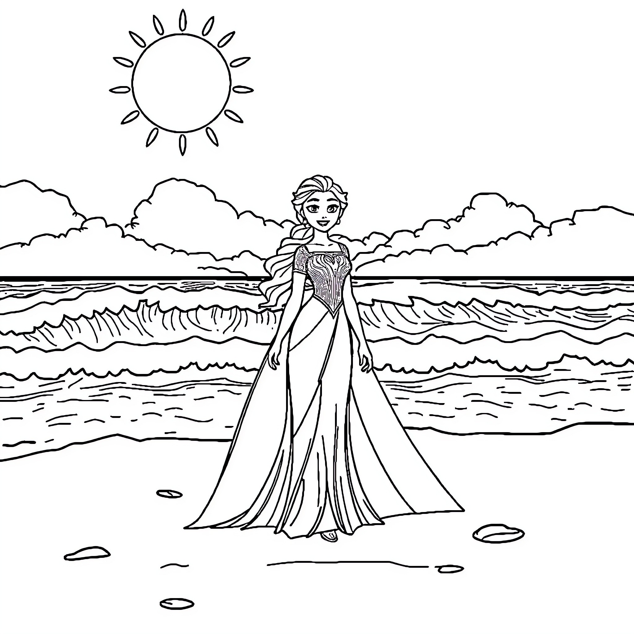 Princess Elsa standing gracefully on the beach Coloring Page (free black-and-white line drawing printable PDF for all, from beginners to advanced learners, including children, teens, adults, and seniors)
