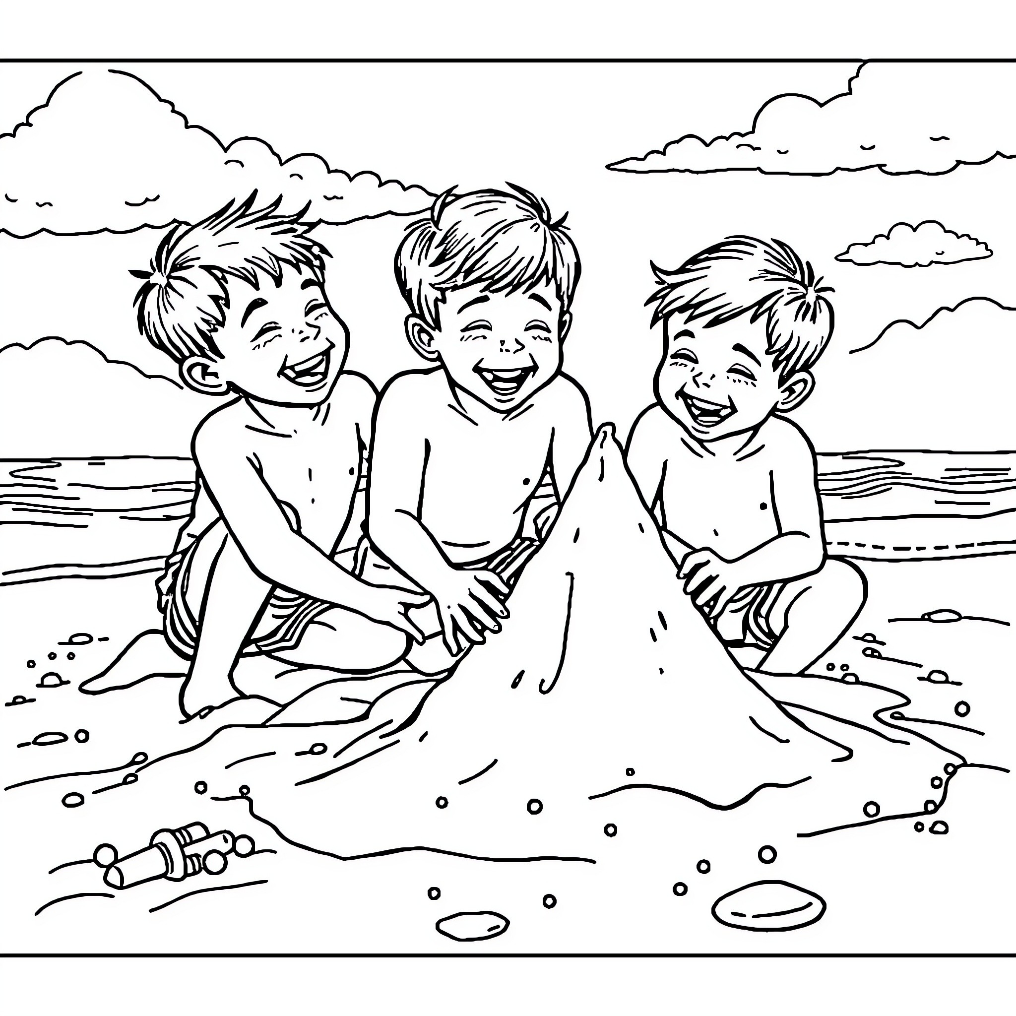 Boys Playing Joyfully on the Beach Coloring Page (free black-and-white line drawing printable PDF for all, from beginners to advanced learners, including children, teens, adults, and seniors)