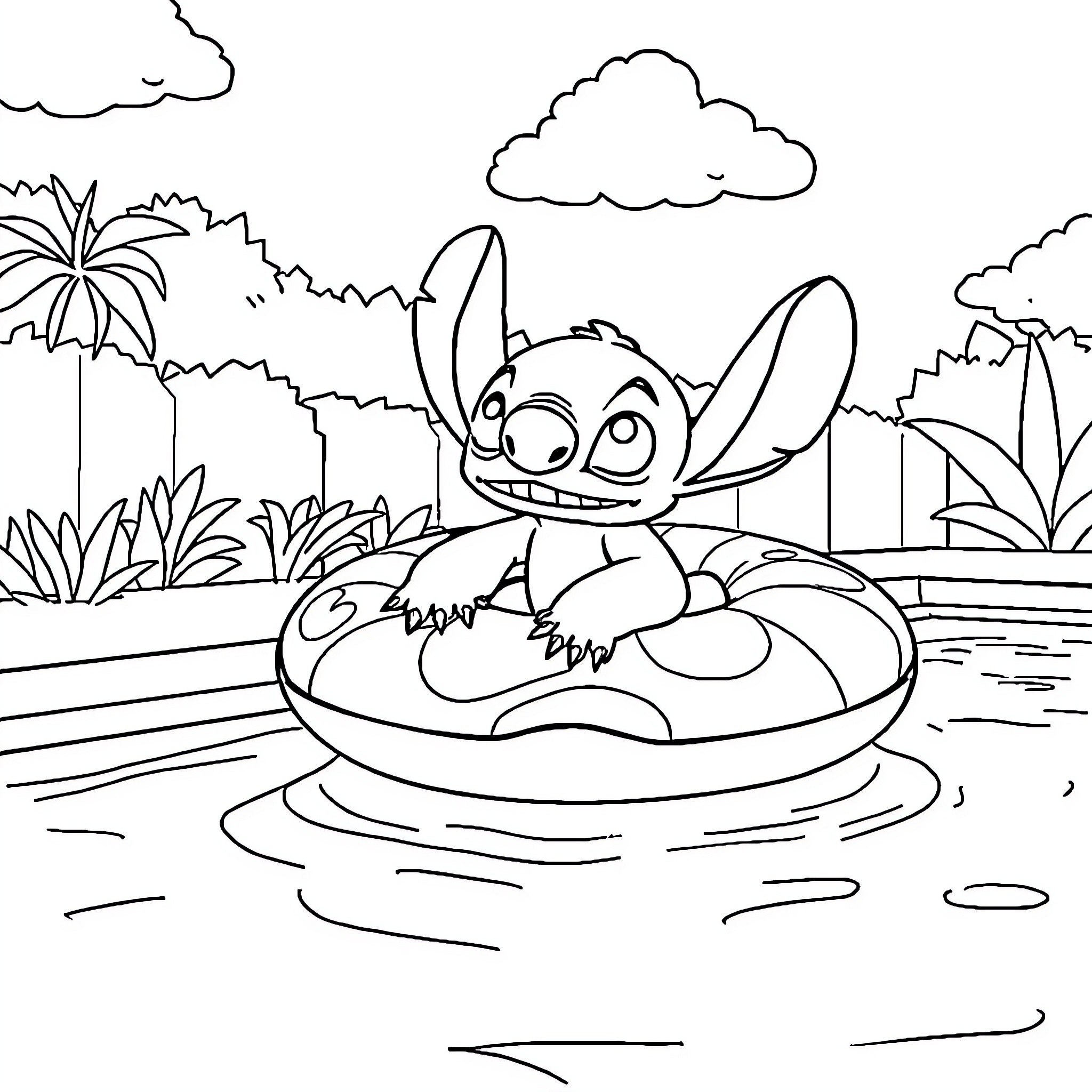 Rose enjoying a fun float in the tropical pond Coloring Page (free black-and-white line drawing printable PDF for all, from beginners to advanced learners, including children, teens, adults, and seniors)