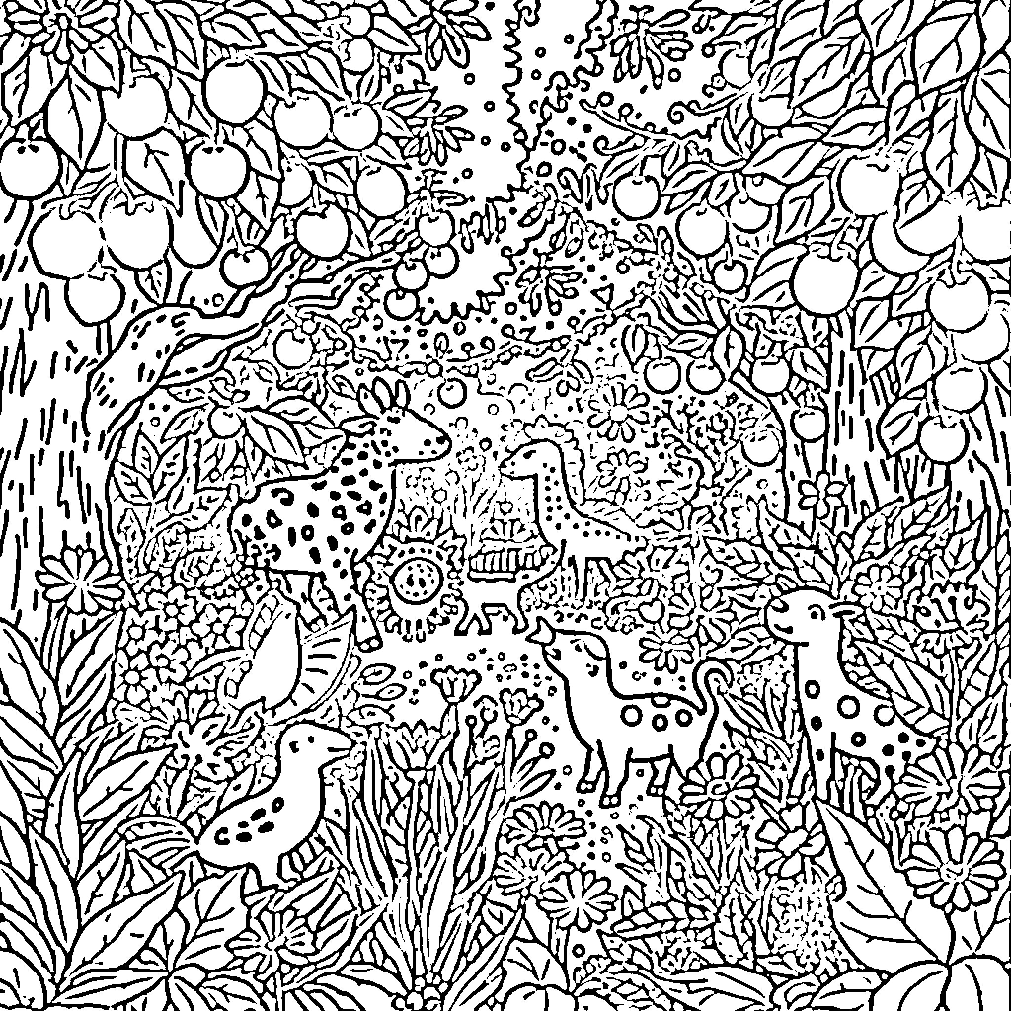 Animal paradise with diverse creatures and foliage Coloring Page (free black-and-white line drawing printable PDF for all, from beginners to advanced learners, including children, teens, adults, and seniors)