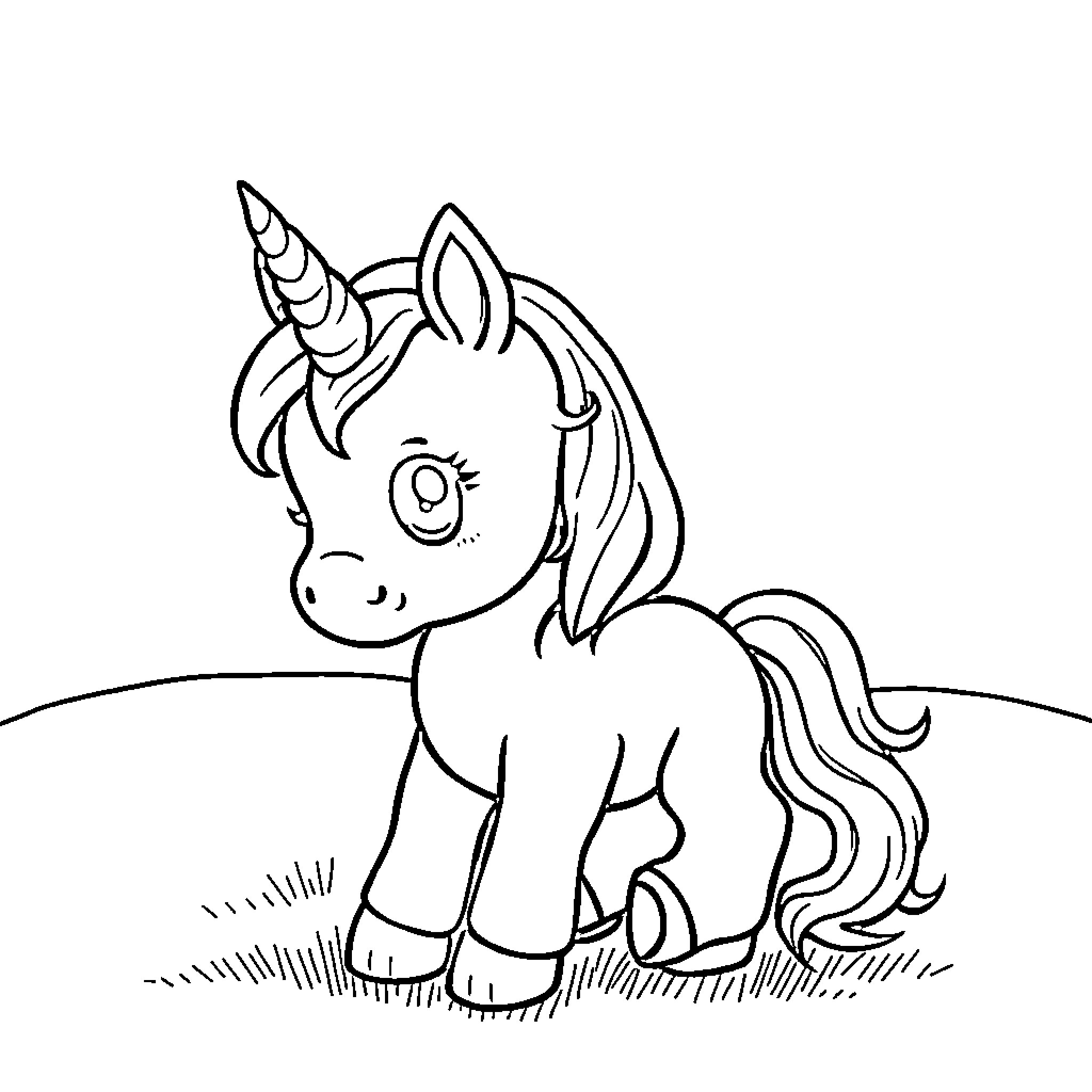 Unicorn Gazing Curiously in Meadow Coloring Page (free black-and-white line drawing printable PDF for all, from beginners to advanced learners, including children, teens, adults, and seniors)