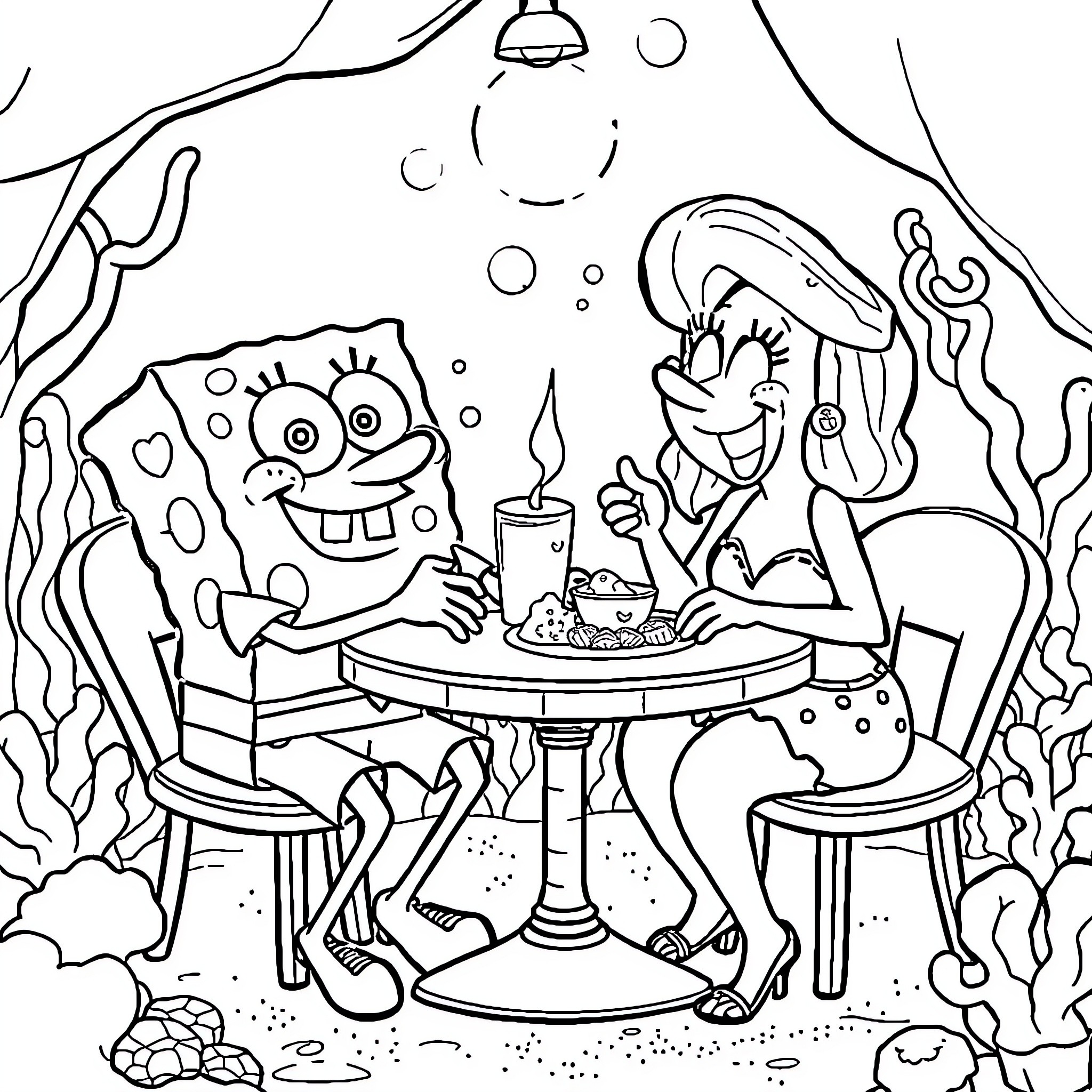 Spongebob and Patrick Sharing a Meal Under the Sea Coloring Page (free black-and-white line drawing printable PDF for all, from beginners to advanced learners, including children, teens, adults, and seniors)
