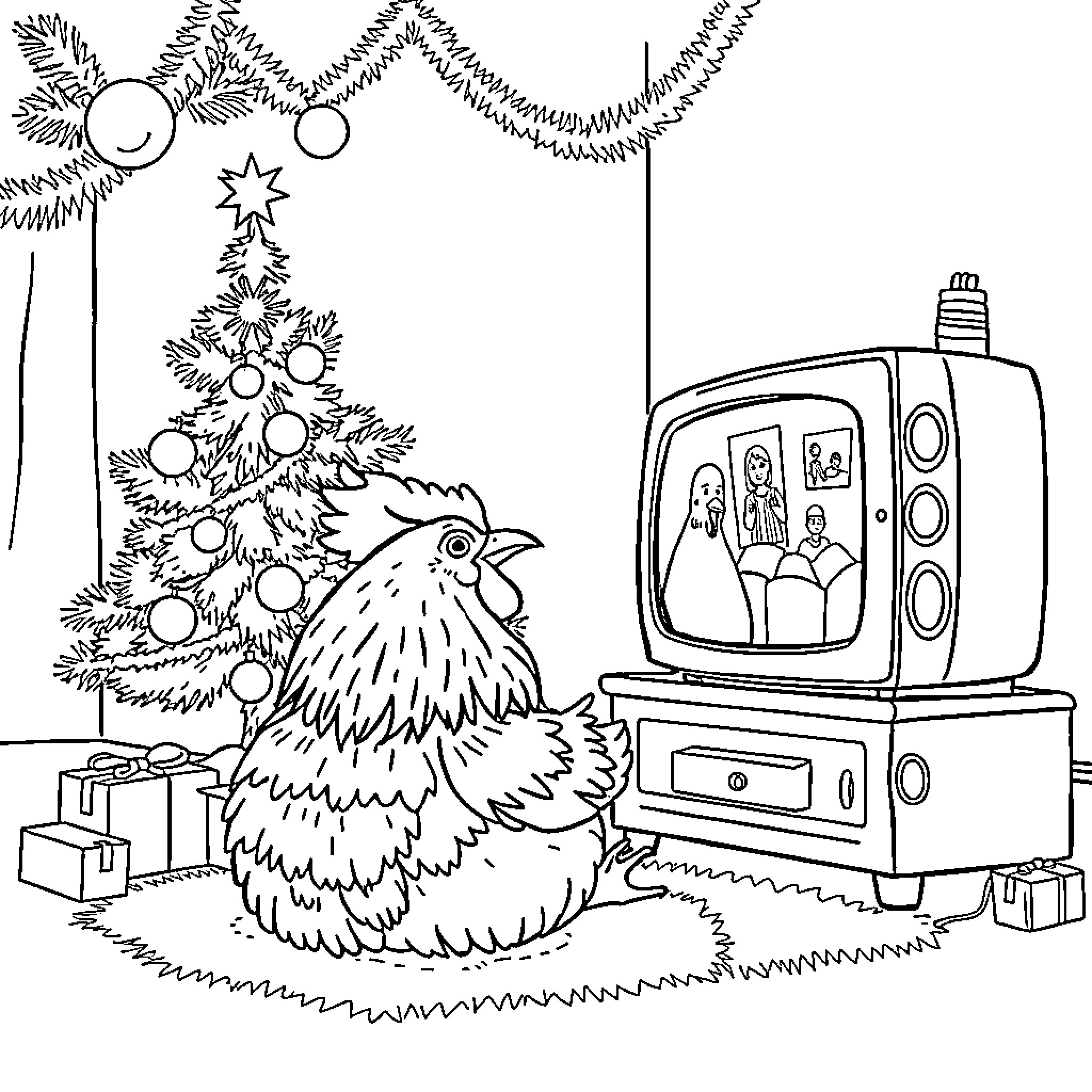 Chicken enjoying the Christmas decorations on TV Coloring Page (free black-and-white line drawing printable PDF for all, from beginners to advanced learners, including children, teens, adults, and seniors)