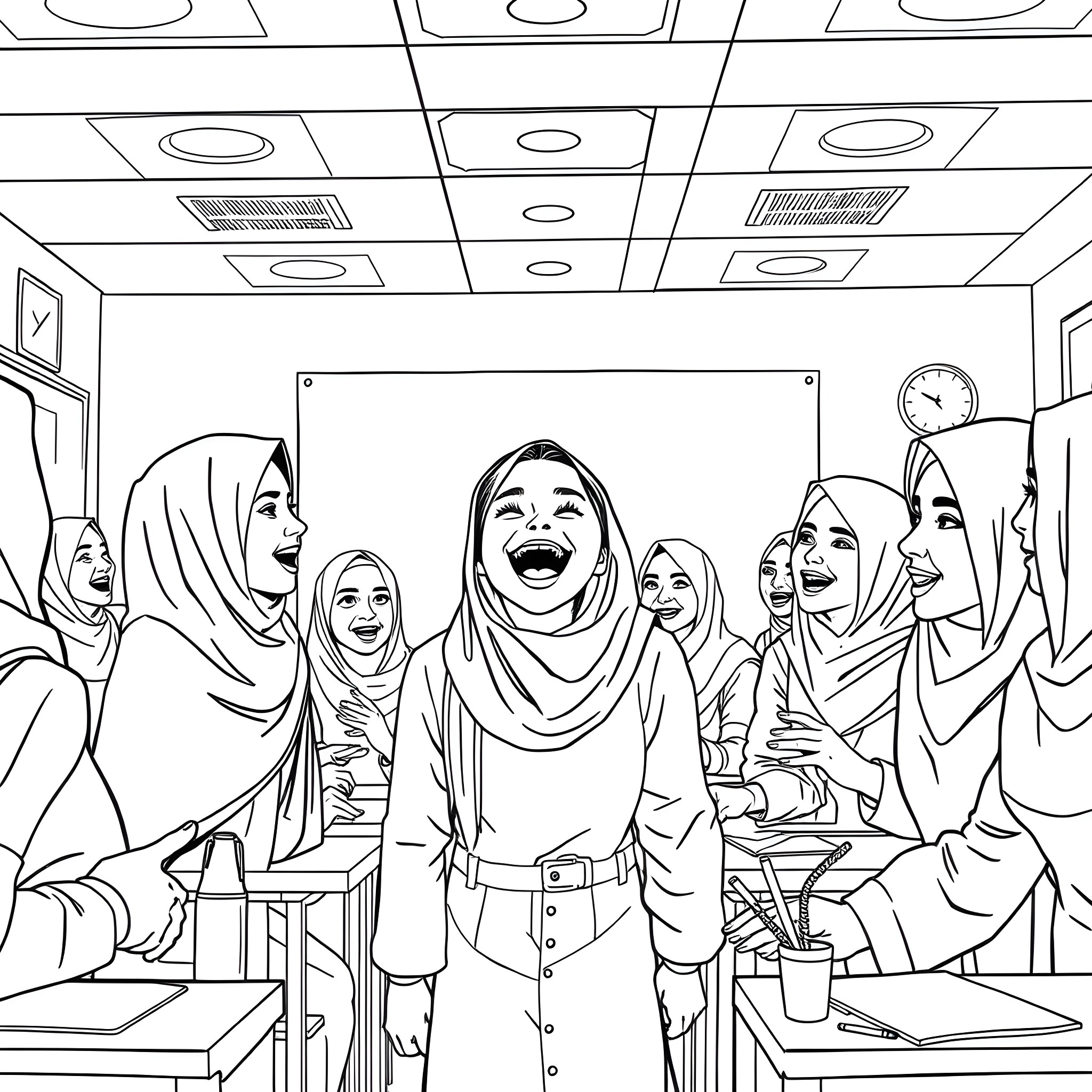 Teenager girls laughing and chatting in the classroom Coloring Page (free black-and-white line drawing printable PDF for all, from beginners to advanced learners, including children, teens, adults, and seniors)