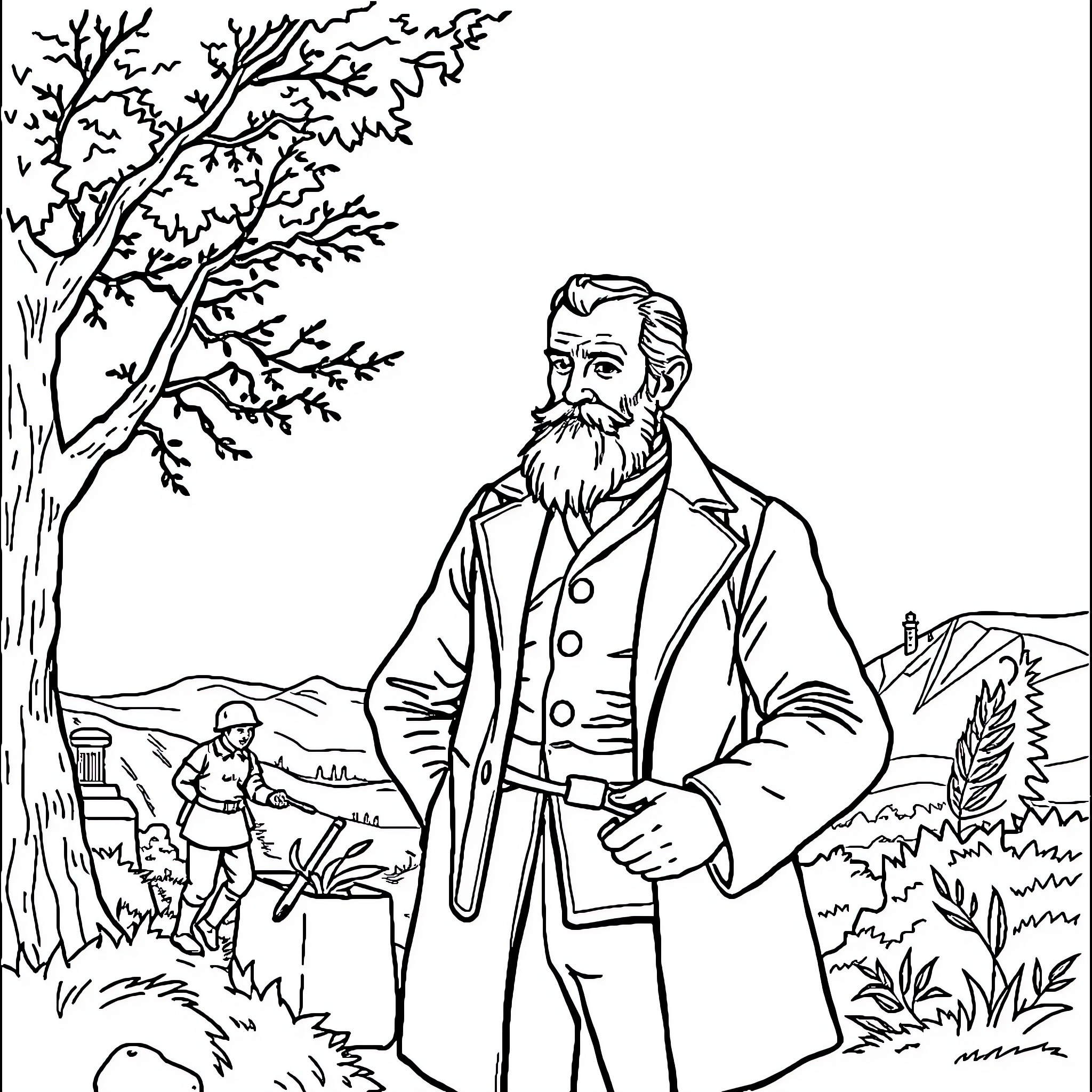 Henry Dunant in Contemplative Pose Amid Nature Scenery Coloring Page (free black-and-white line drawing printable PDF for all, from beginners to advanced learners, including children, teens, adults, and seniors)