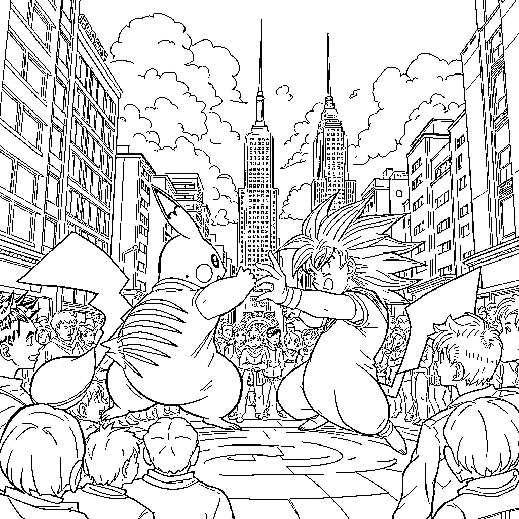 Pikachu and Goku explore the bustling city streets Coloring Page (free black-and-white line drawing printable PDF for all, from beginners to advanced learners, including children, teens, adults, and seniors)