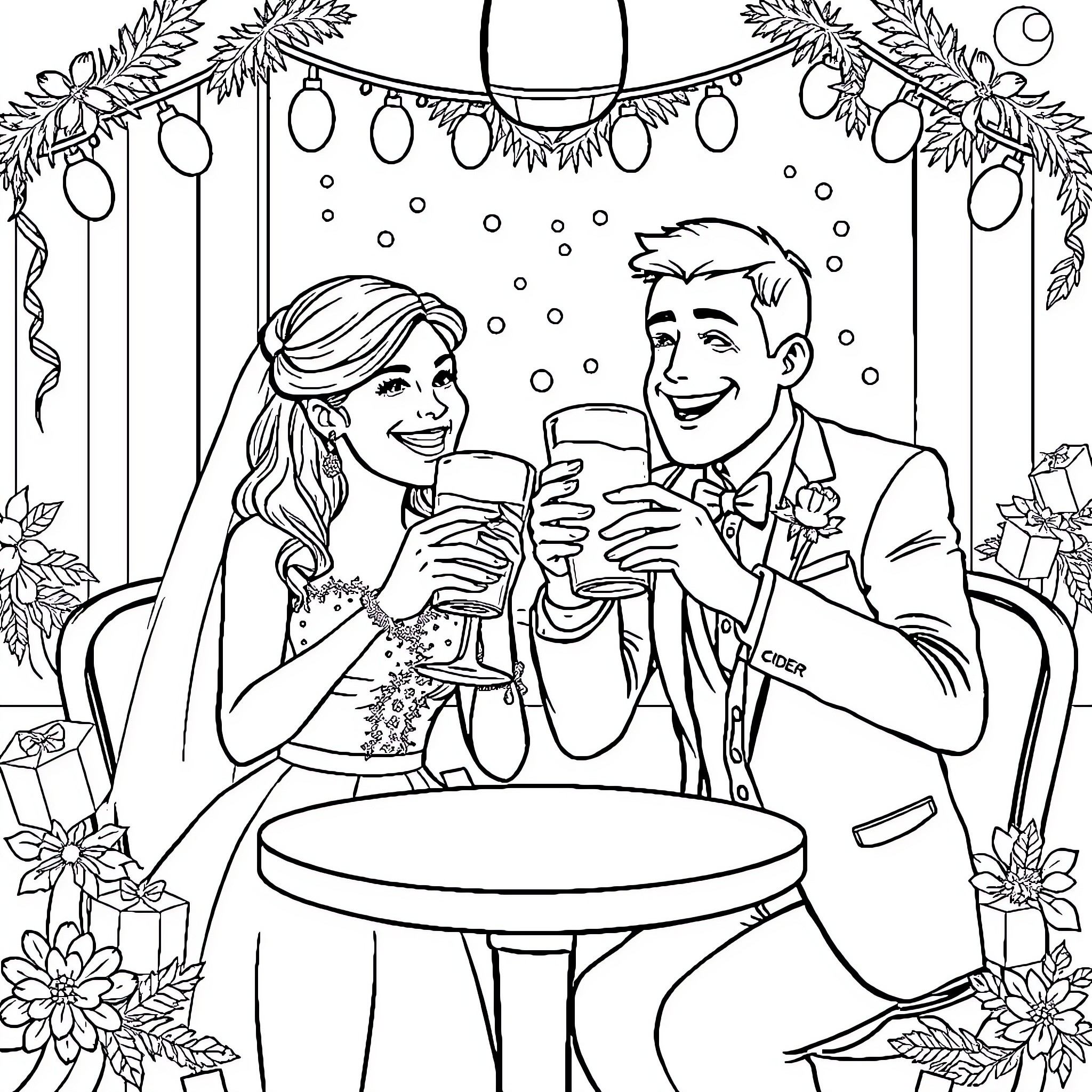 Bride and Groom Celebrating Their Wedding with Drinks Coloring Page (free black-and-white line drawing printable PDF for all, from beginners to advanced learners, including children, teens, adults, and seniors)