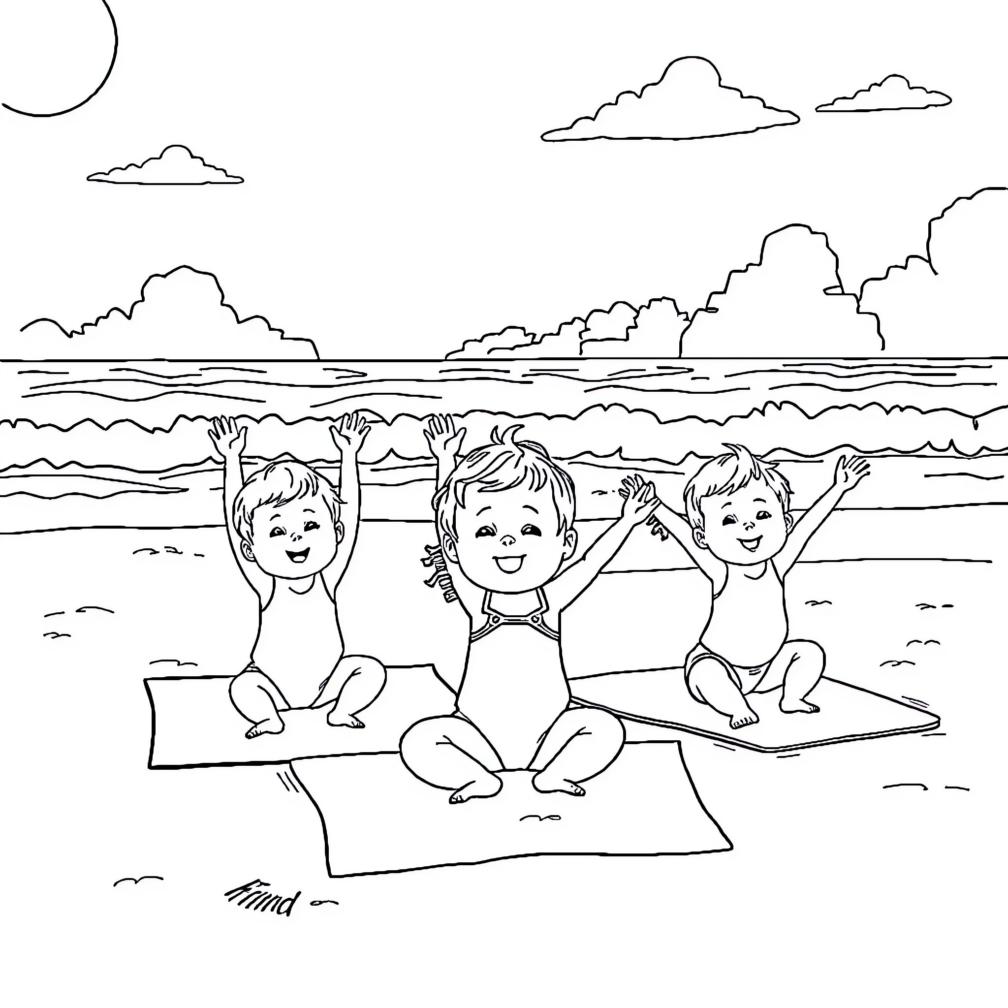 Baby beachgoers enjoying the waves and sand Coloring Page (free black-and-white line drawing printable PDF for all, from beginners to advanced learners, including children, teens, adults, and seniors)