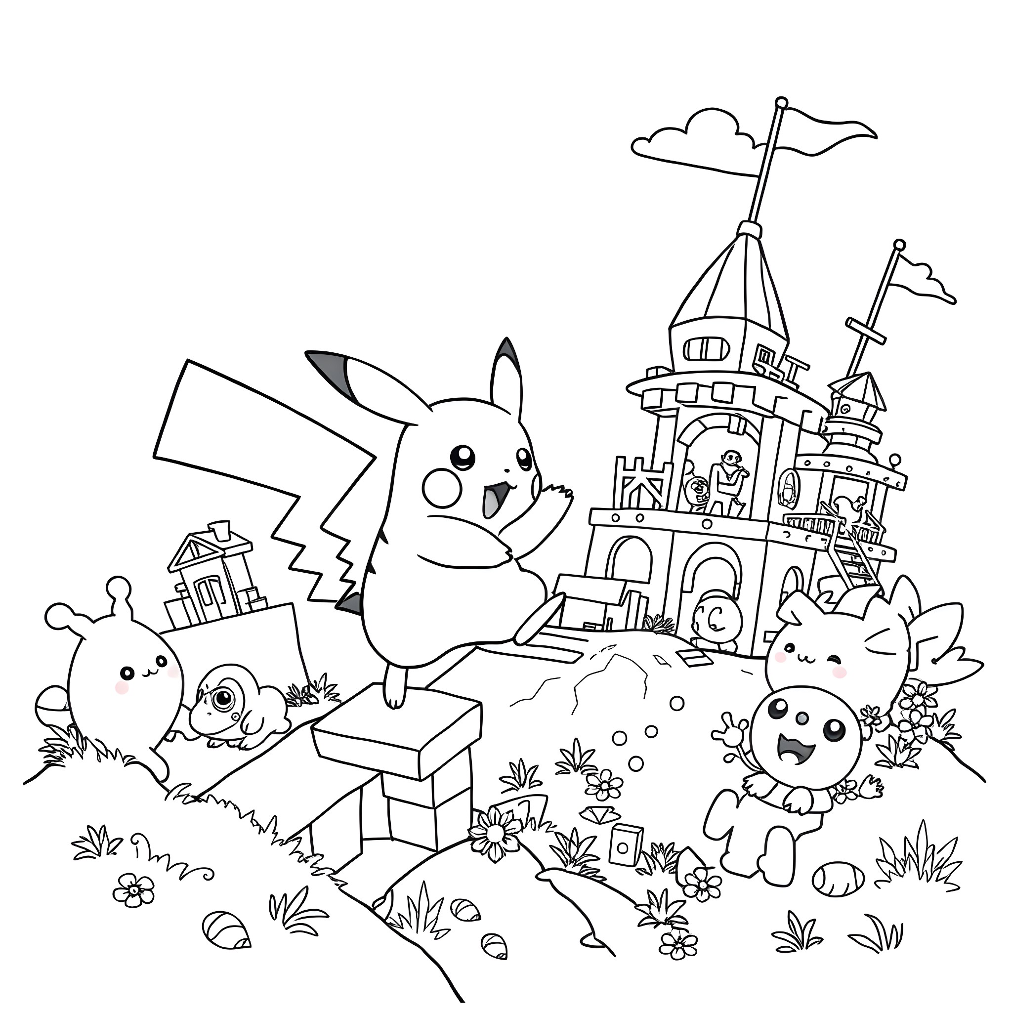 Pikachu and friends exploring the magical Pokémon castle Coloring Page (free black-and-white line drawing printable PDF for all, from beginners to advanced learners, including children, teens, adults, and seniors)