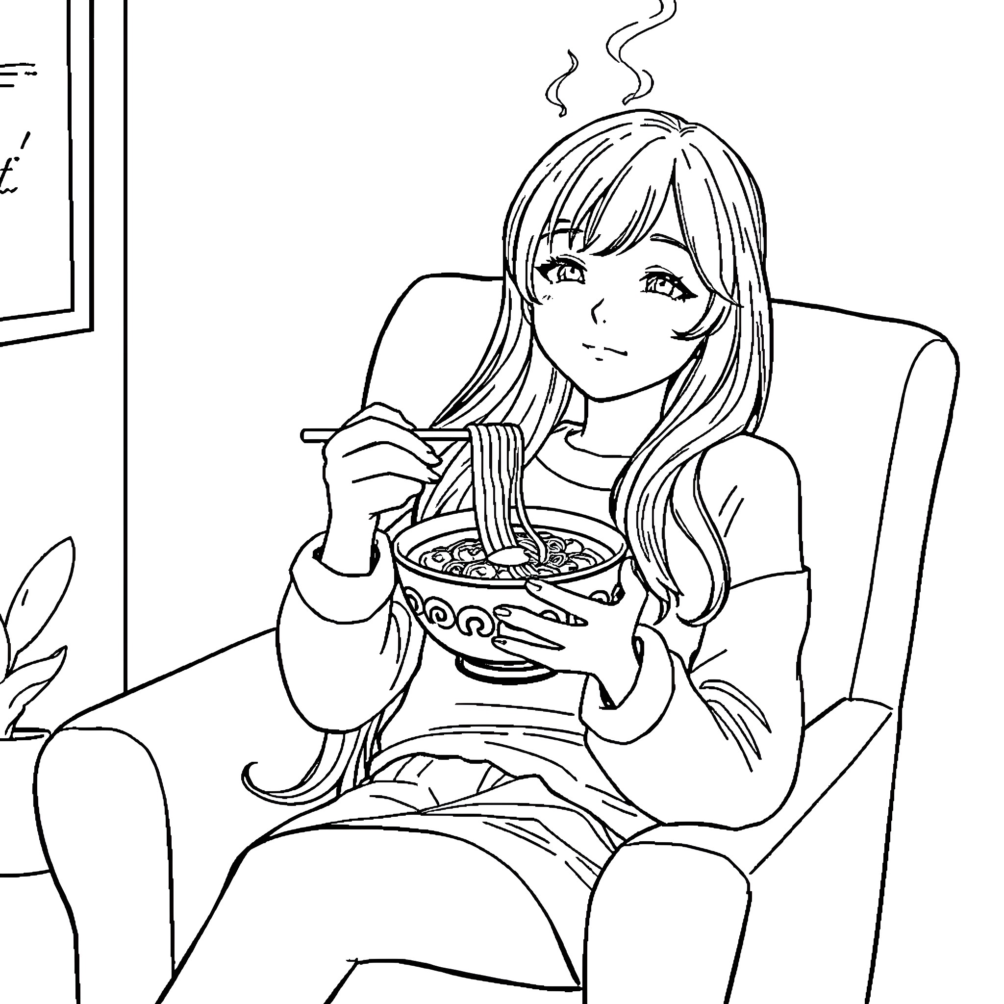 Marinette Enjoying a Cozy Snack Coloring Page (free black-and-white line drawing printable PDF for all, from beginners to advanced learners, including children, teens, adults, and seniors)