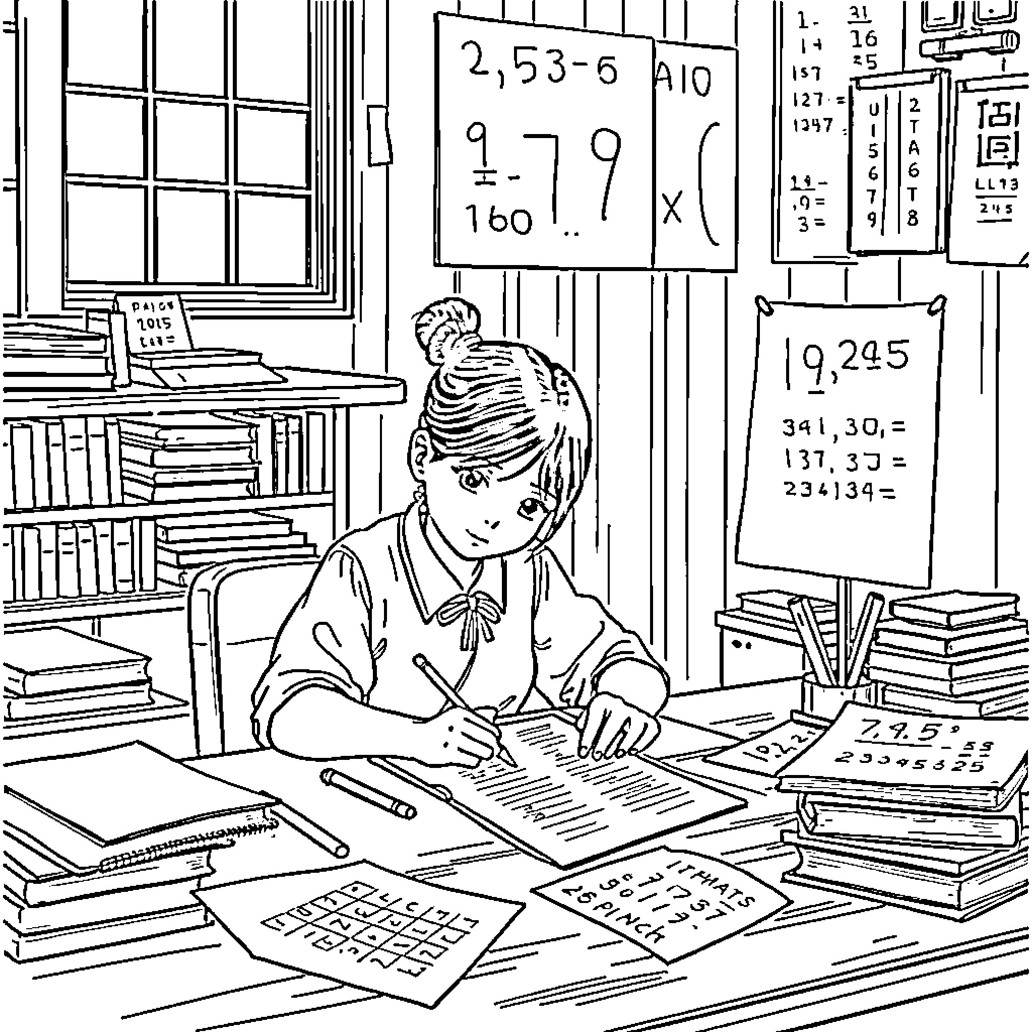 Nezuko studying diligently in a cluttered office Coloring Page (free black-and-white line drawing printable PDF for all, from beginners to advanced learners, including children, teens, adults, and seniors)