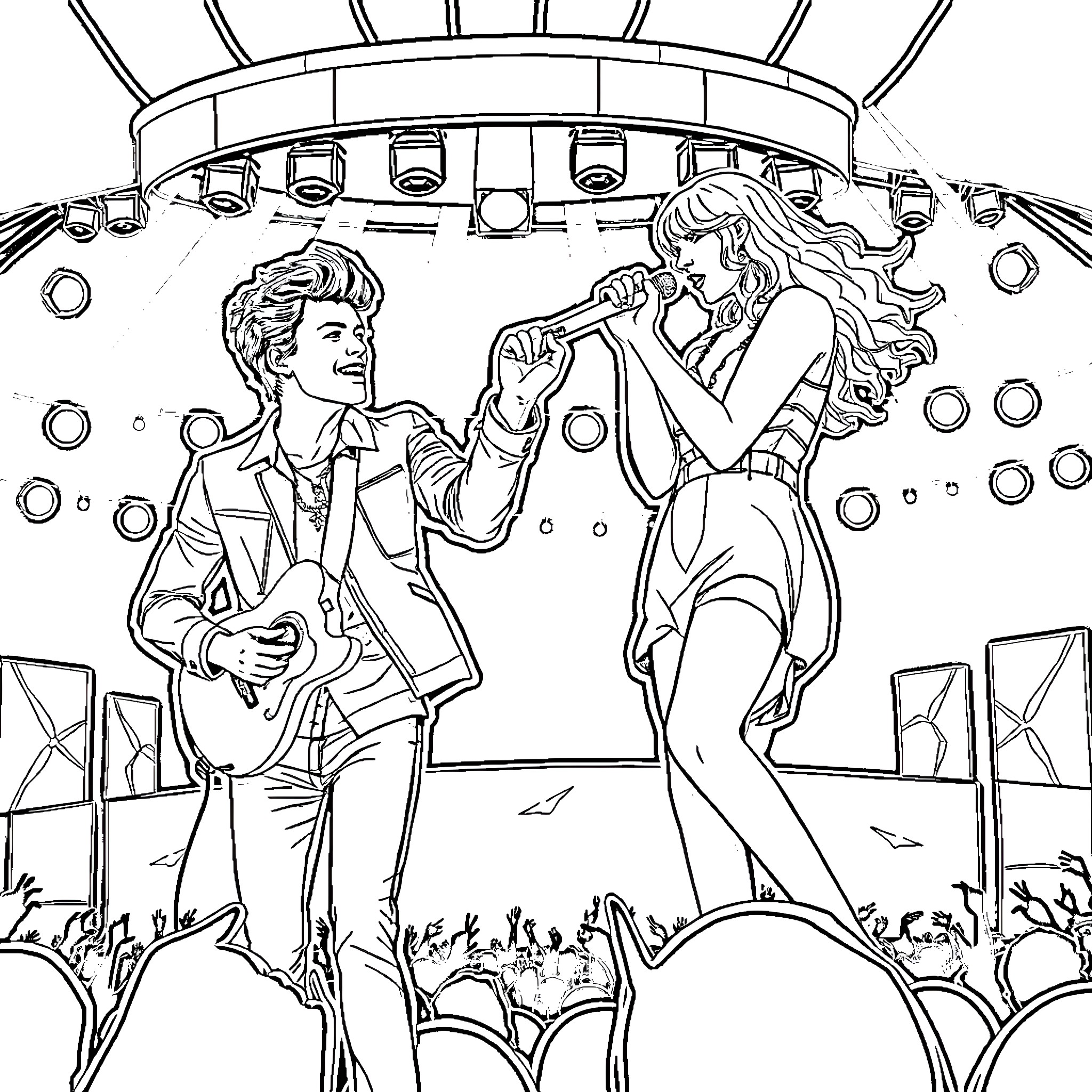 Harry Styles performing on stage with female singer Coloring Page (free black-and-white line drawing printable PDF for all, from beginners to advanced learners, including children, teens, adults, and seniors)