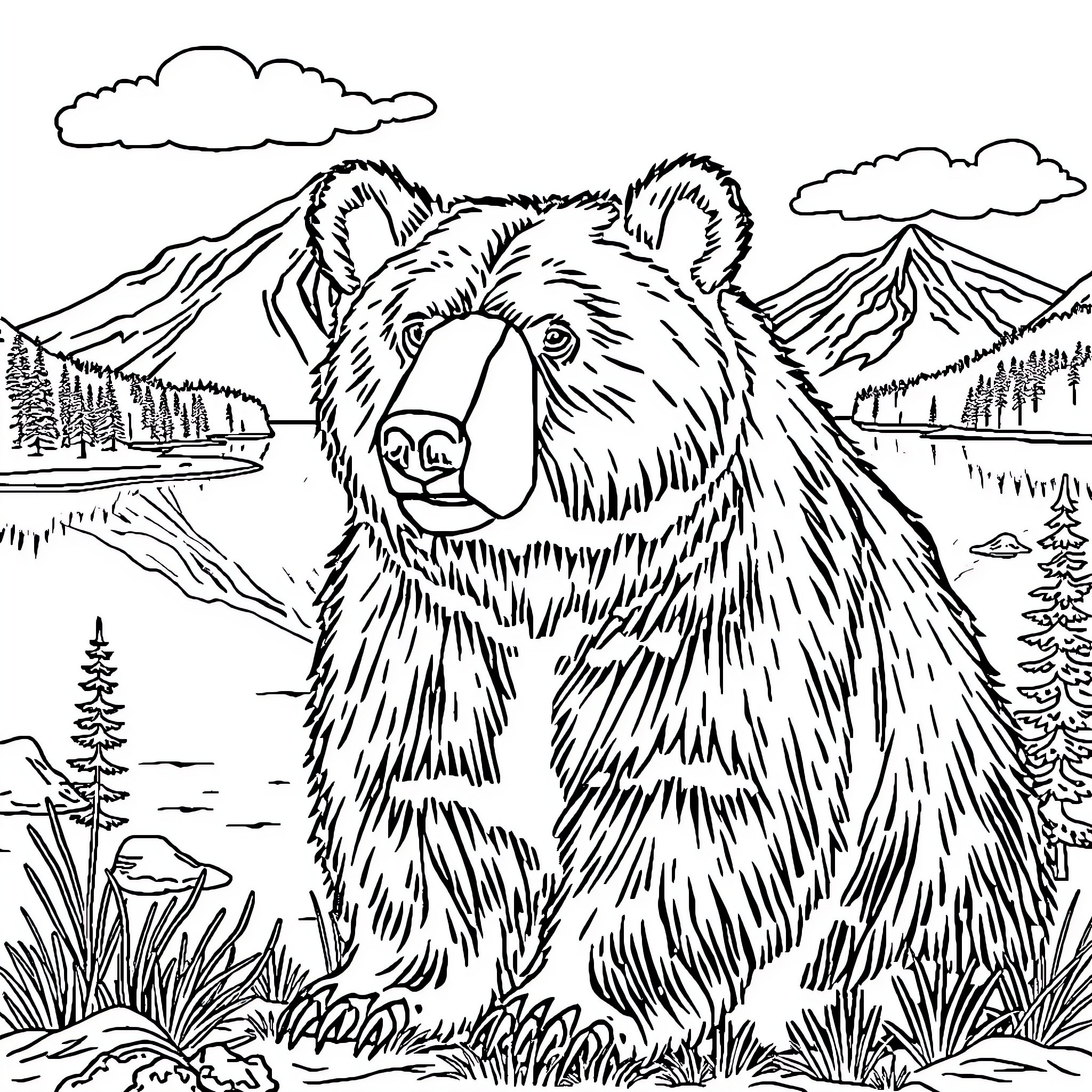 Bear enjoying the serene mountain landscape Coloring Page (free black-and-white line drawing printable PDF for all, from beginners to advanced learners, including children, teens, adults, and seniors)