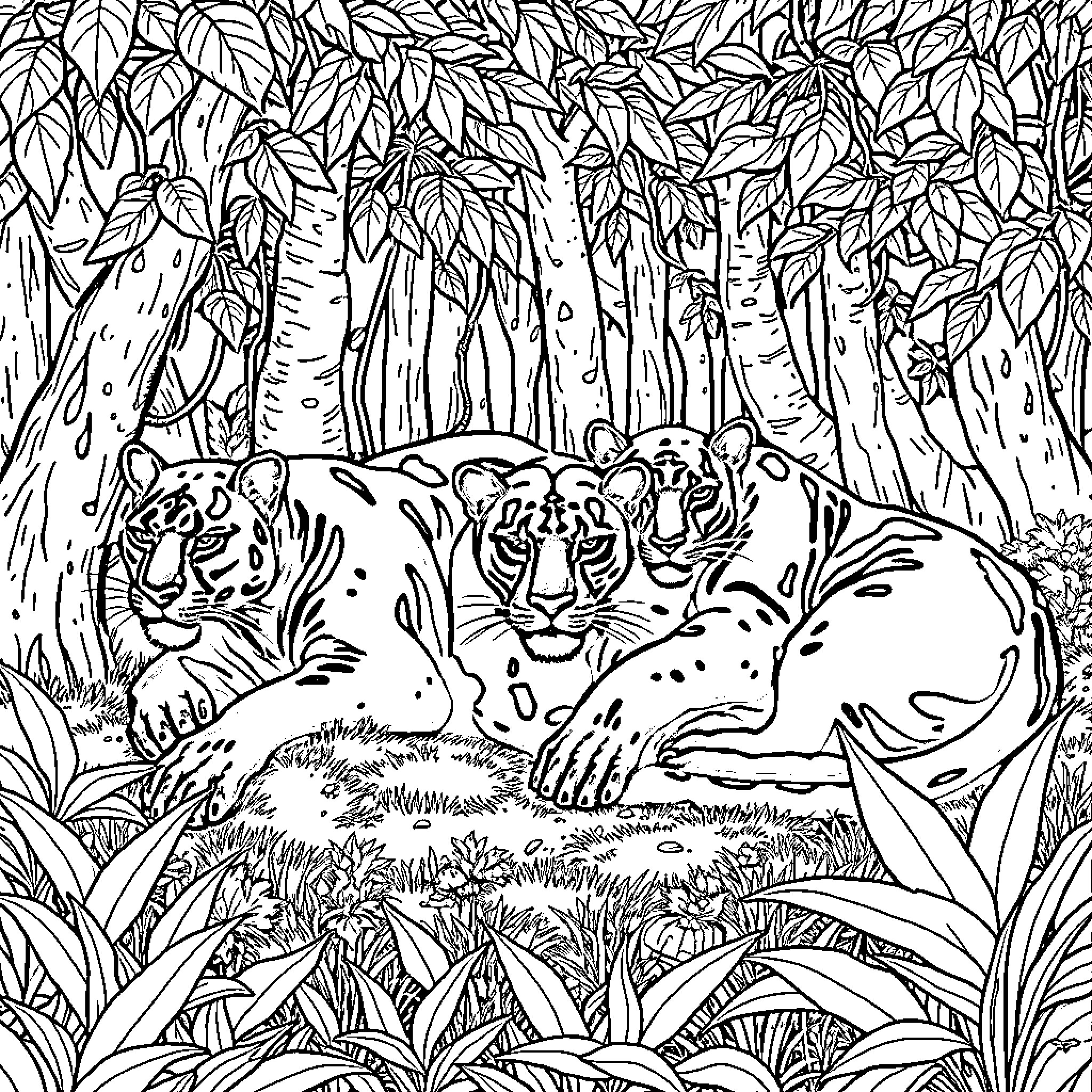 Panther Pair Resting in Lush Forest Coloring Page (free black-and-white line drawing printable PDF for all, from beginners to advanced learners, including children, teens, adults, and seniors)