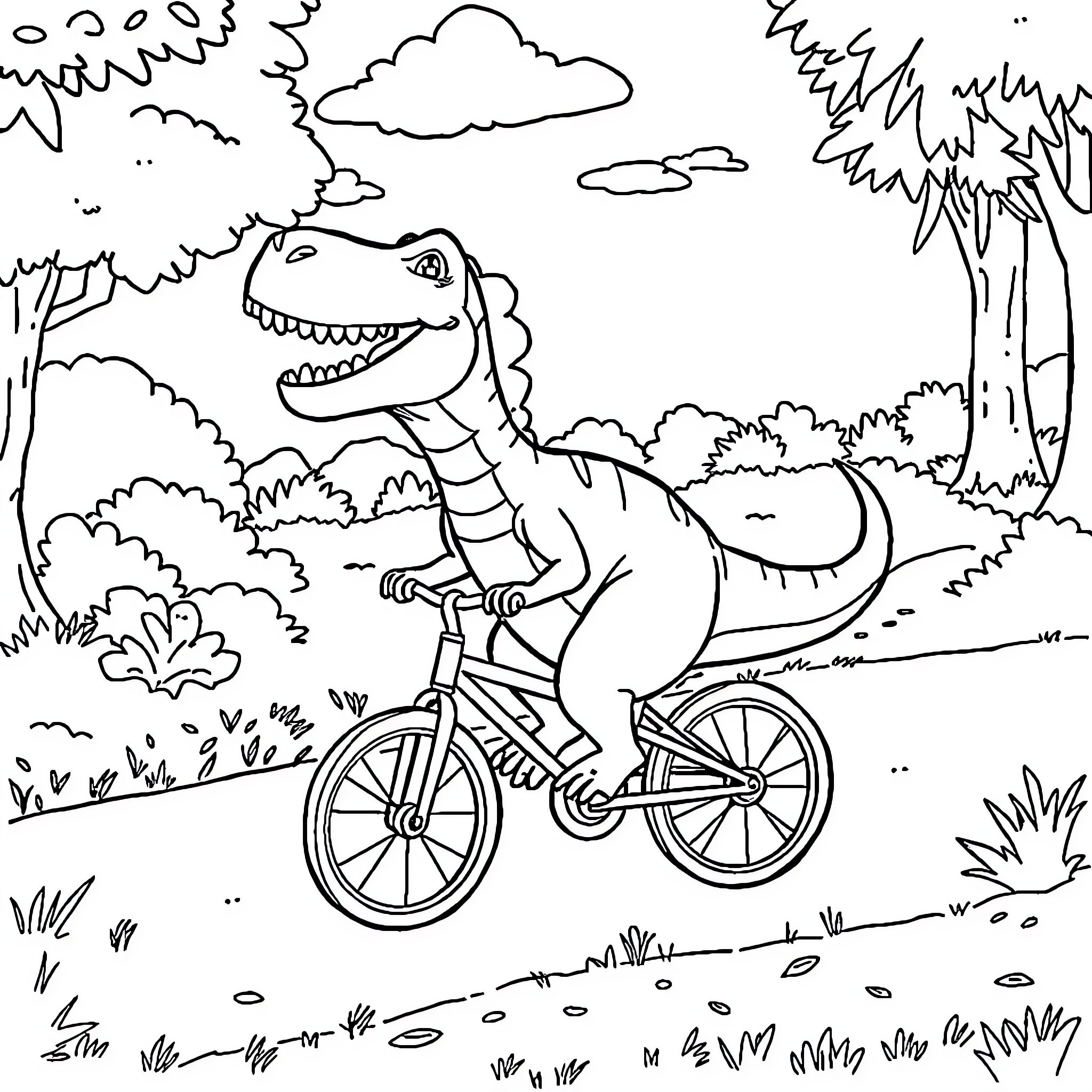 Dinosaur riding a bicycle through the forest Coloring Page (free black-and-white line drawing printable PDF for all, from beginners to advanced learners, including children, teens, adults, and seniors)