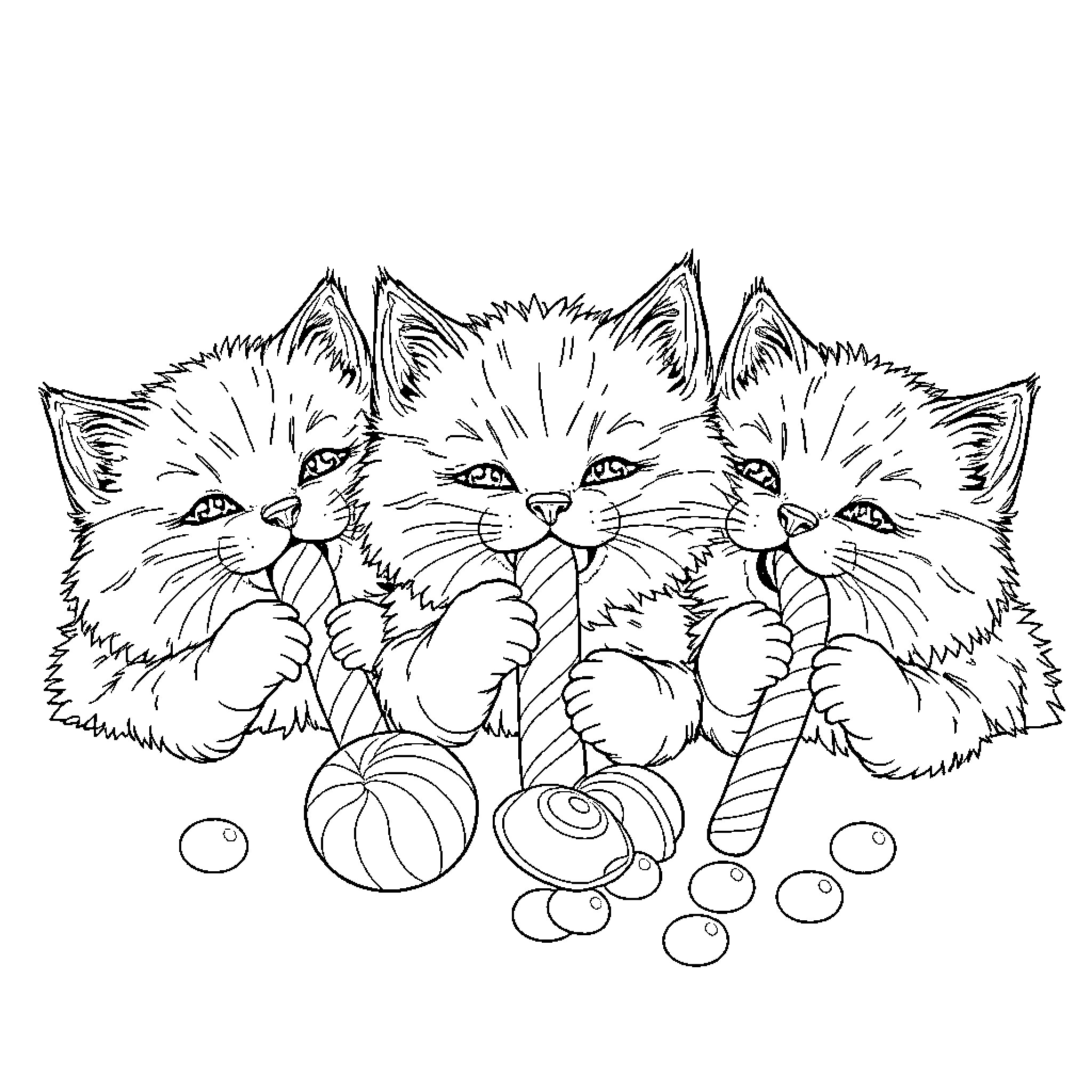 Cat kittens playing with toys on the floor Coloring Page (free black-and-white line drawing printable PDF for all, from beginners to advanced learners, including children, teens, adults, and seniors)