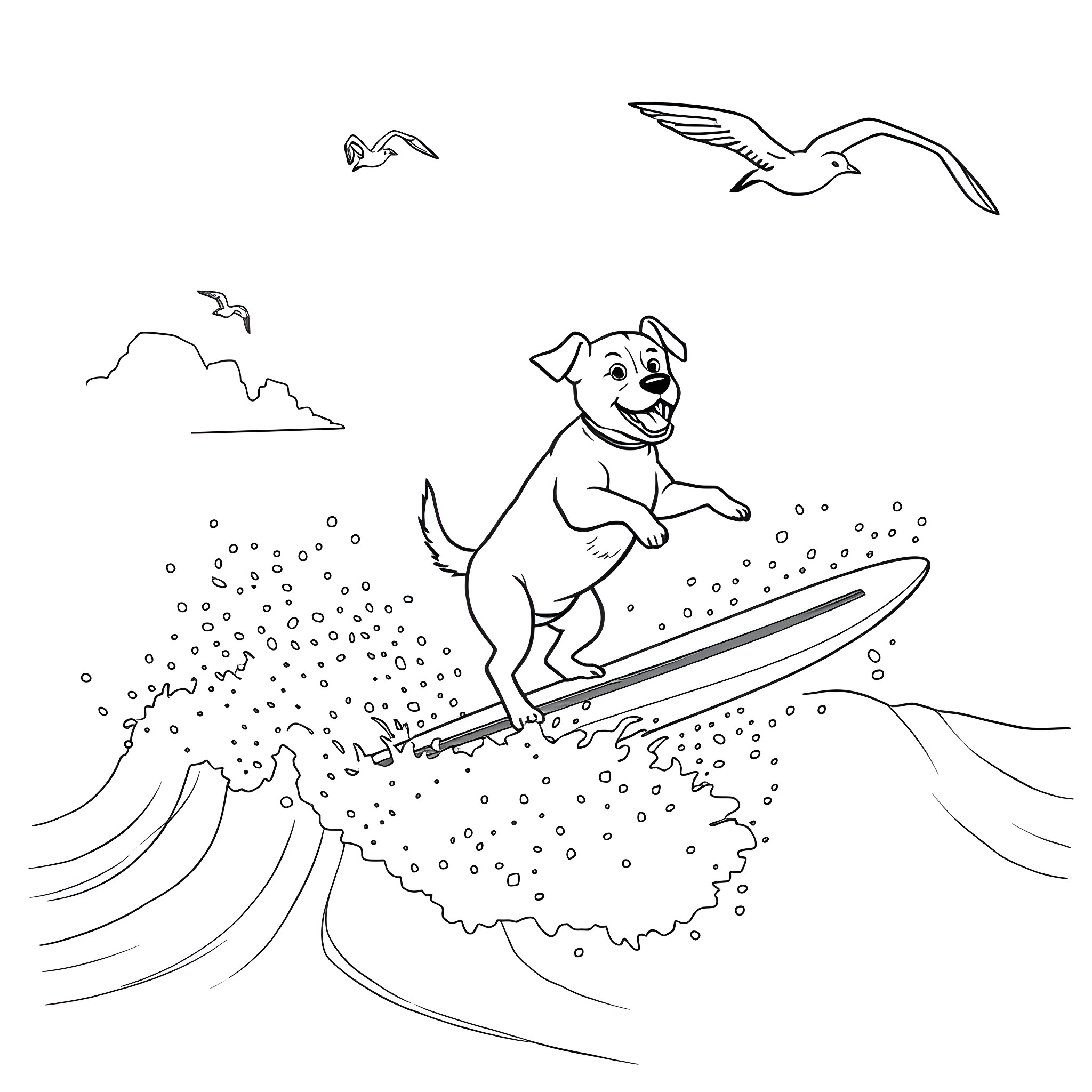 Dog surfing happily on waves with seagulls Coloring Page (free black-and-white line drawing printable PDF for all, from beginners to advanced learners, including children, teens, adults, and seniors)