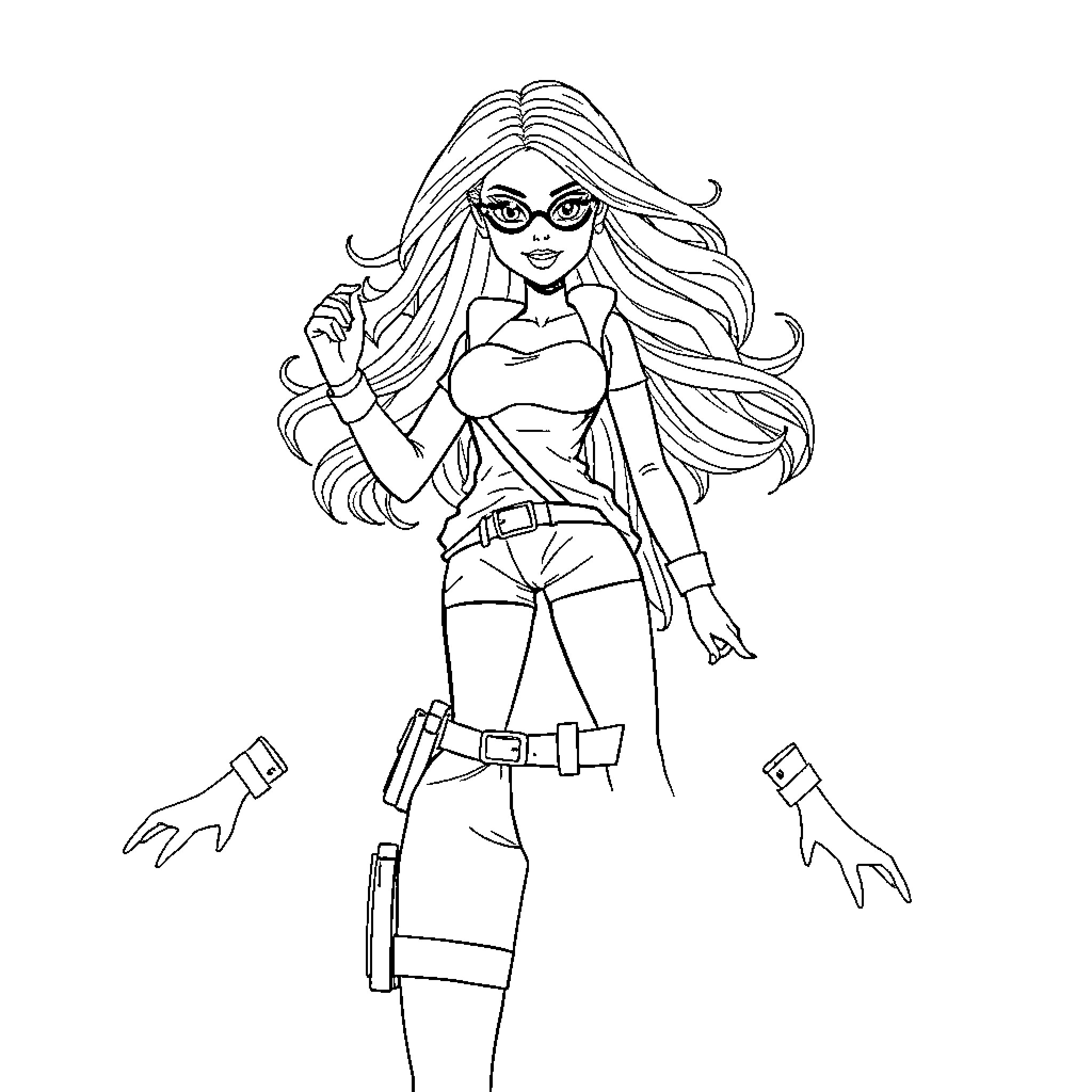 Barbie in Action Pose with Accessories Coloring Page (free black-and-white line drawing printable PDF for all, from beginners to advanced learners, including children, teens, adults, and seniors)