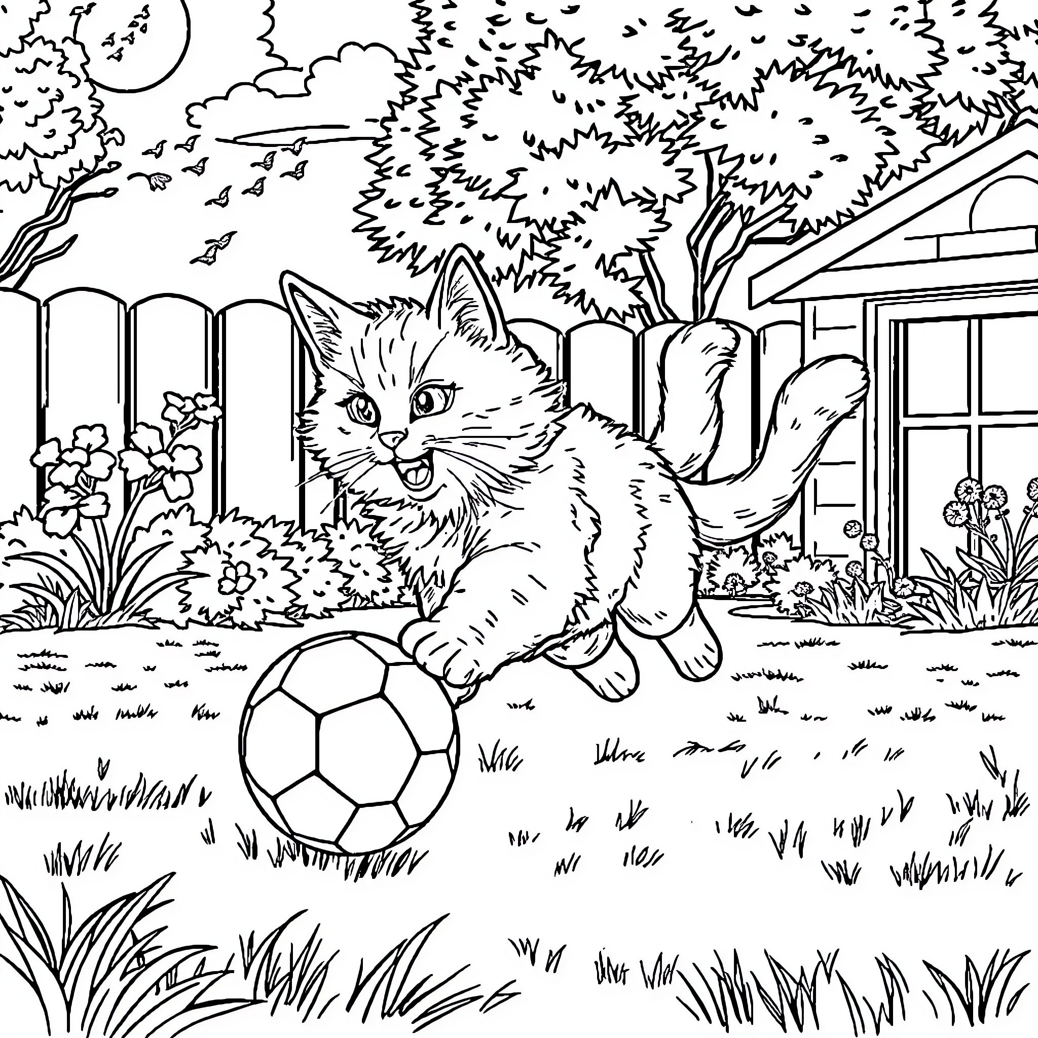 Cat playing with soccer ball in the garden Coloring Page (free black-and-white line drawing printable PDF for all, from beginners to advanced learners, including children, teens, adults, and seniors)