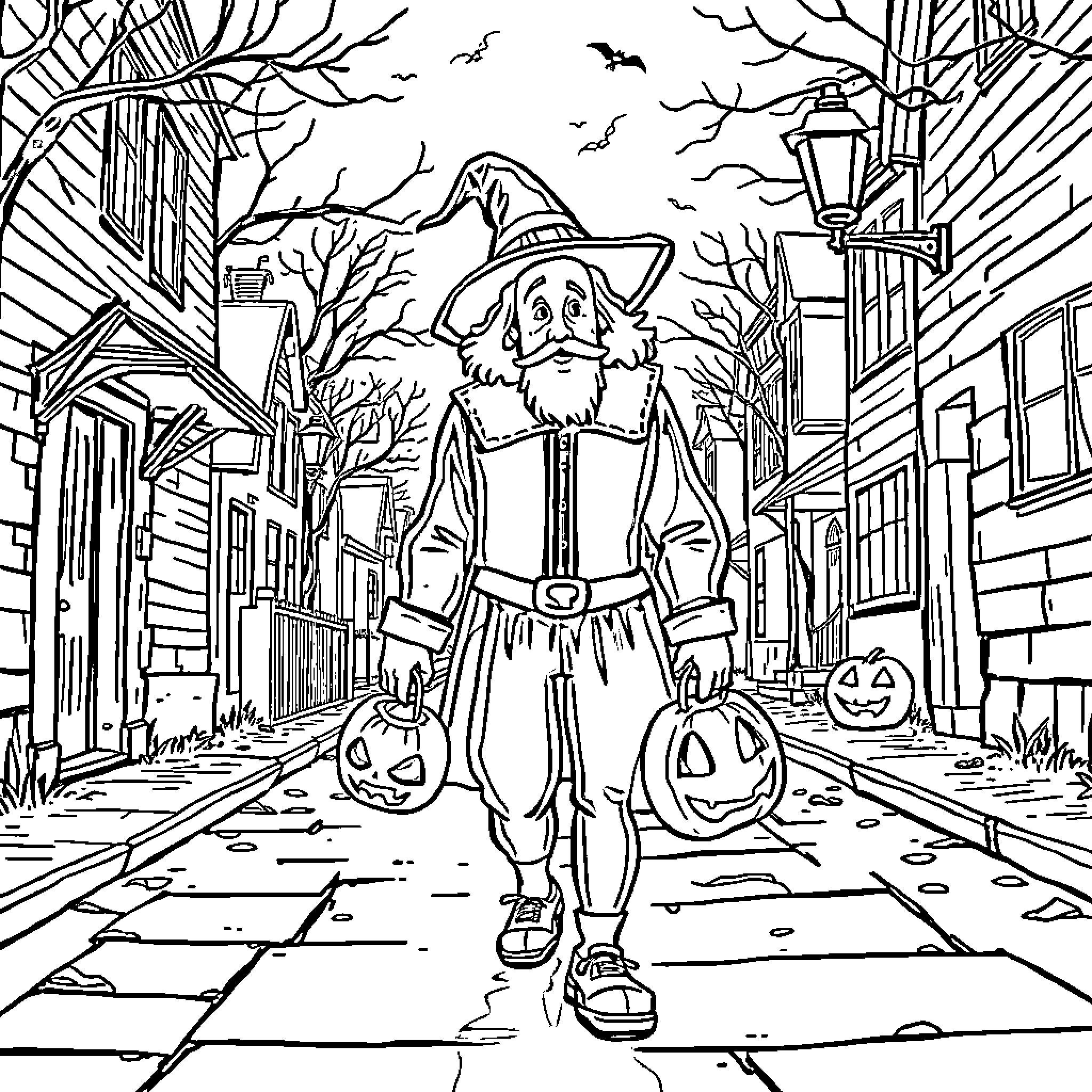 William Shakespeare in a Halloween Costume Walking Down a Spooky Street Coloring Page (free black-and-white line drawing printable PDF for all, from beginners to advanced learners, including children, teens, adults, and seniors)