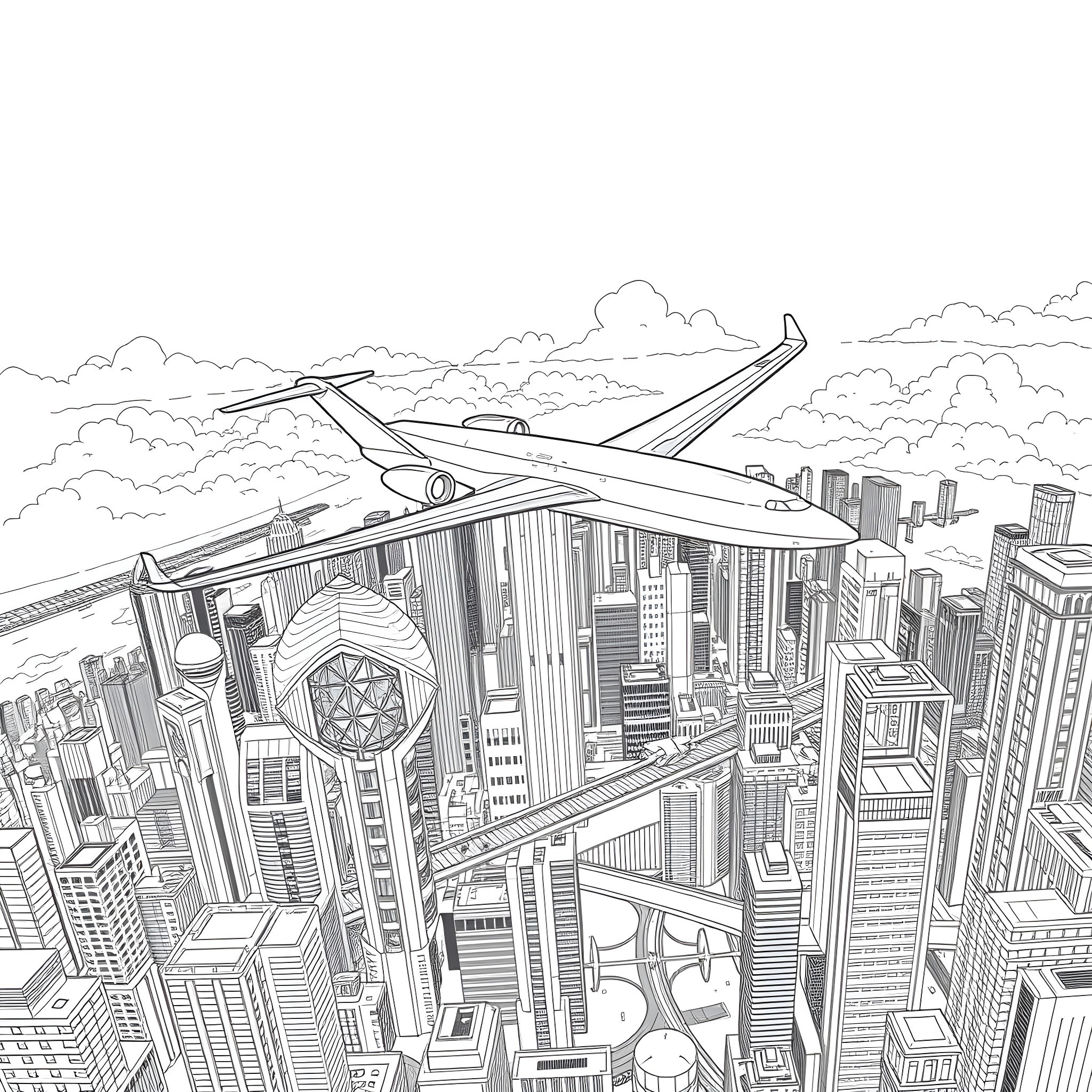 Airplane soaring over a futuristic city skyline Coloring Page (free black-and-white line drawing printable PDF for all, from beginners to advanced learners, including children, teens, adults, and seniors)