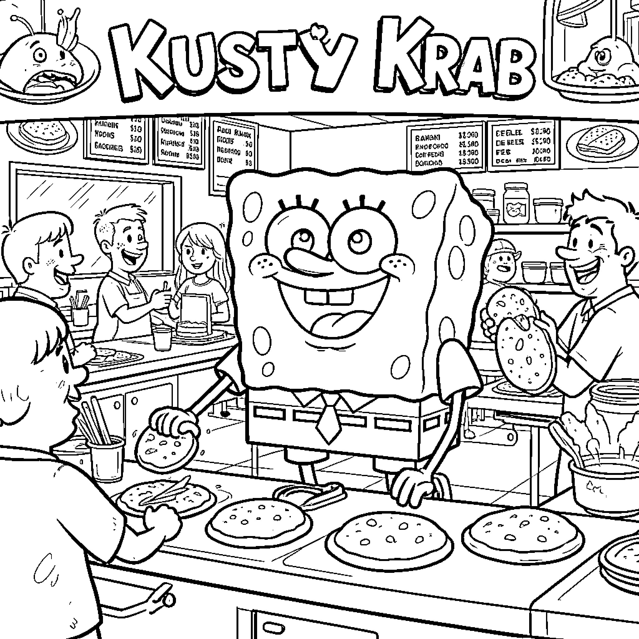 Spongebob happily serving customers at Krusty Krab restaurant Coloring Page (free black-and-white line drawing printable PDF for all, from beginners to advanced learners, including children, teens, adults, and seniors)