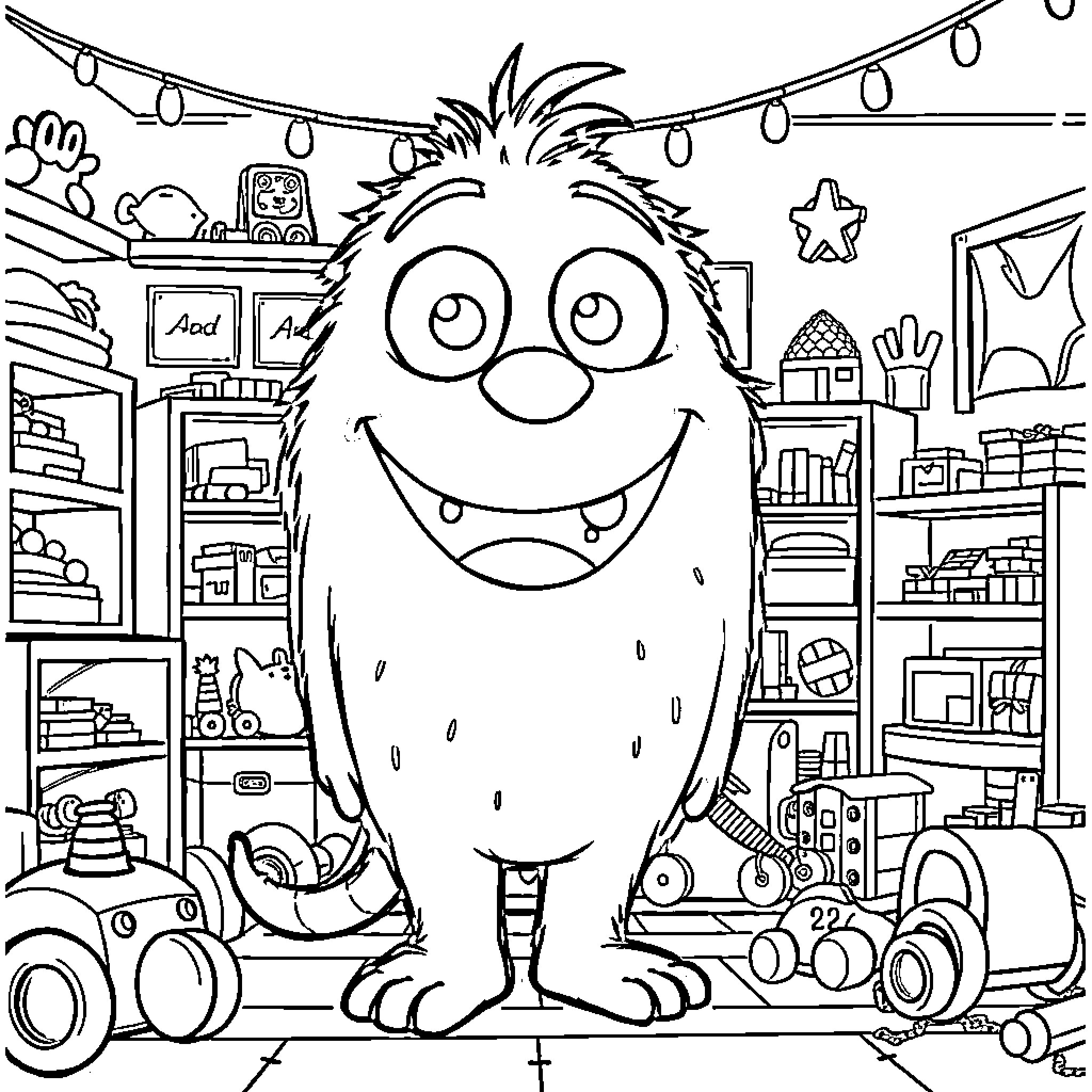 Jumbo Josh's Playful Antics in a Cluttered Room Coloring Page (free black-and-white line drawing printable PDF for all, from beginners to advanced learners, including children, teens, adults, and seniors)