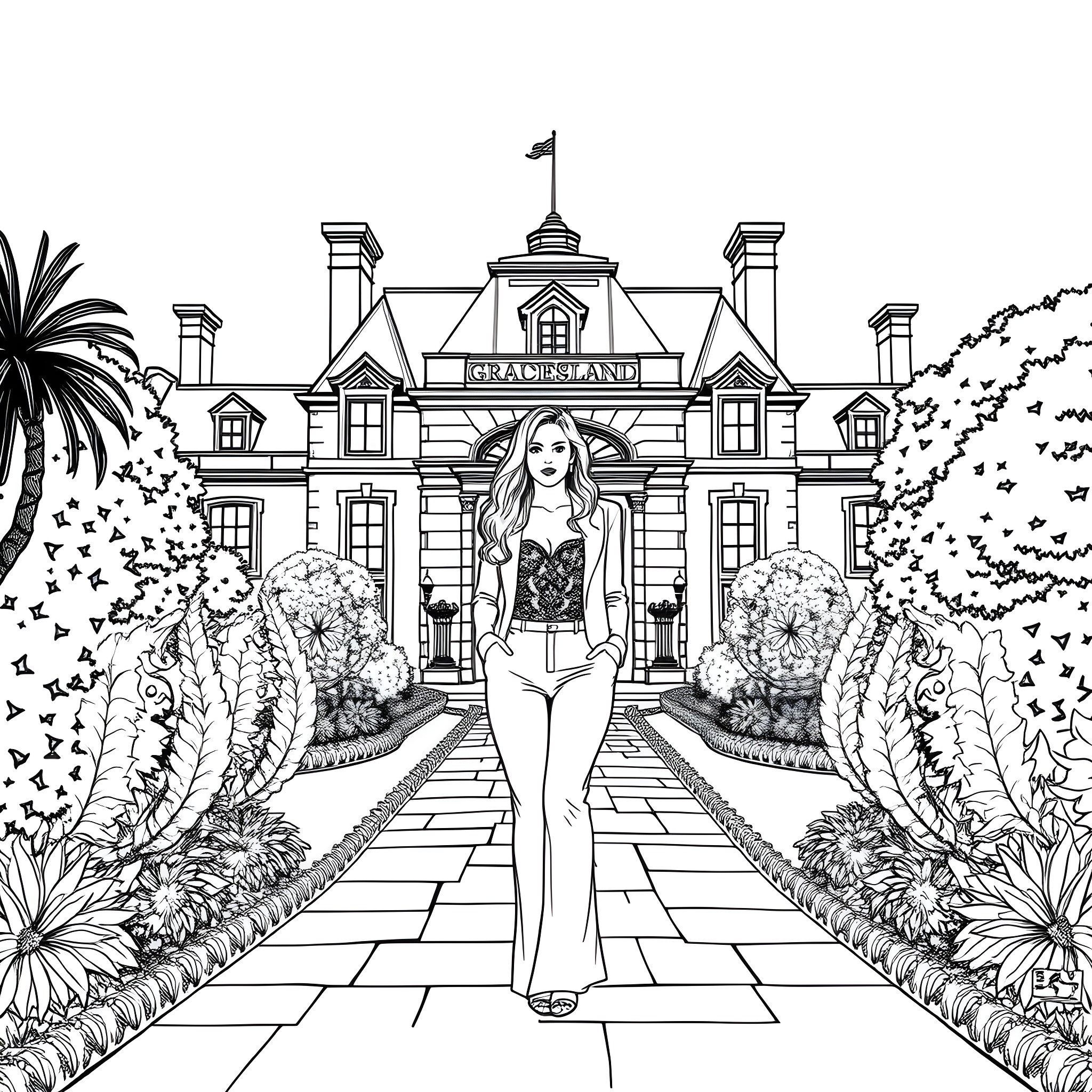 Lisa Marie Presley standing elegantly outside a grand mansion Coloring Page (free black-and-white line drawing printable PDF for all, from beginners to advanced learners, including children, teens, adults, and seniors)