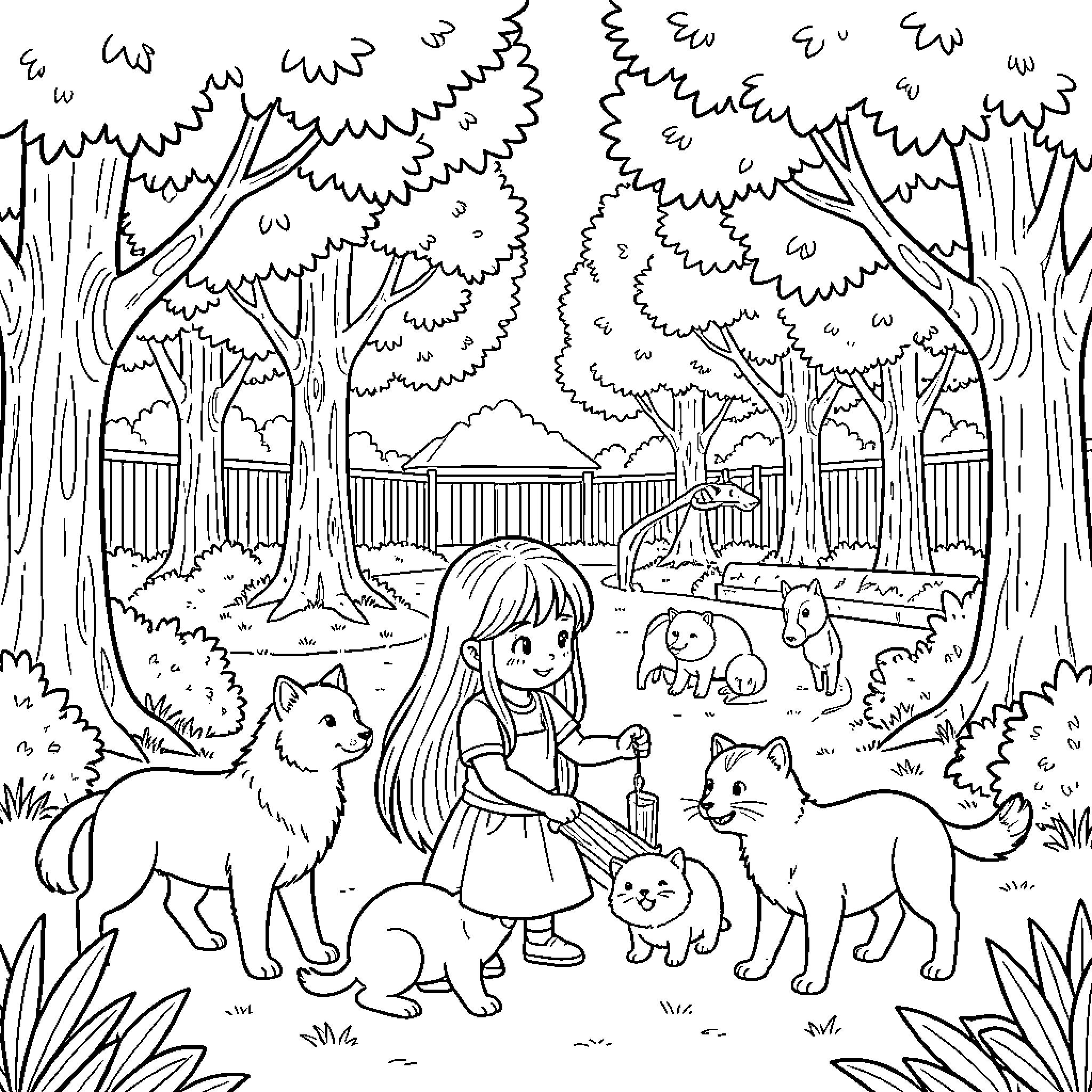 Fillette playing joyfully with several small cats in a forest Coloring Page (free black-and-white line drawing printable PDF for all, from beginners to advanced learners, including children, teens, adults, and seniors)