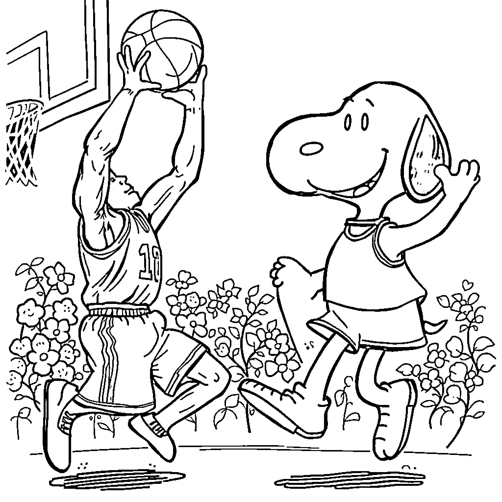 Snoopy playing basketball with friend Coloring Page (free black-and-white line drawing printable PDF for all, from beginners to advanced learners, including children, teens, adults, and seniors)