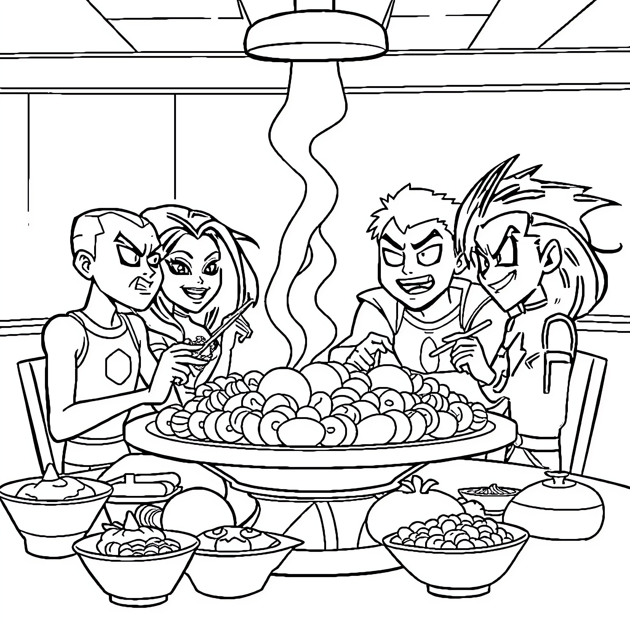 Teen Titans Enjoying a Meal Together Coloring Page (free black-and-white line drawing printable PDF for all, from beginners to advanced learners, including children, teens, adults, and seniors)