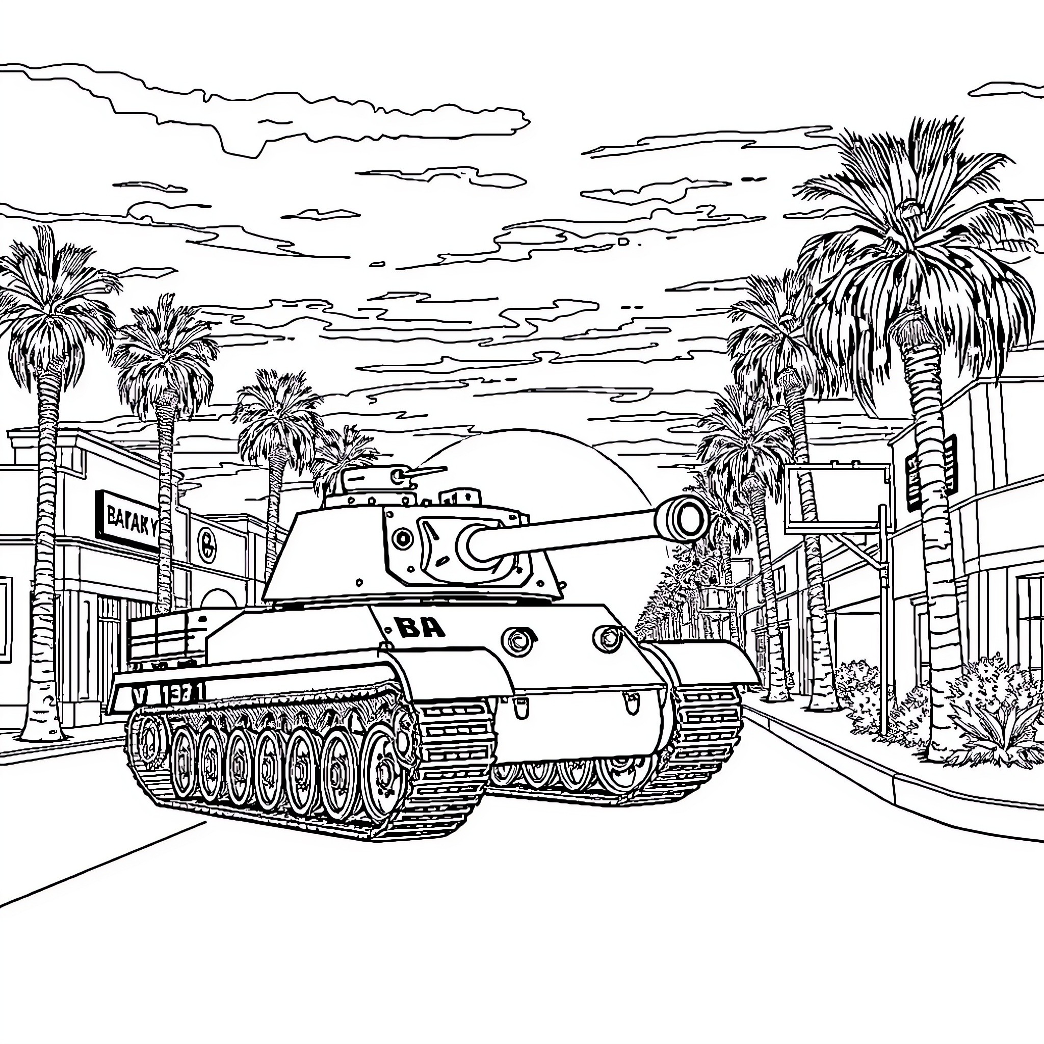 Tank navigating through palm-lined city street Coloring Page (free black-and-white line drawing printable PDF for all, from beginners to advanced learners, including children, teens, adults, and seniors)