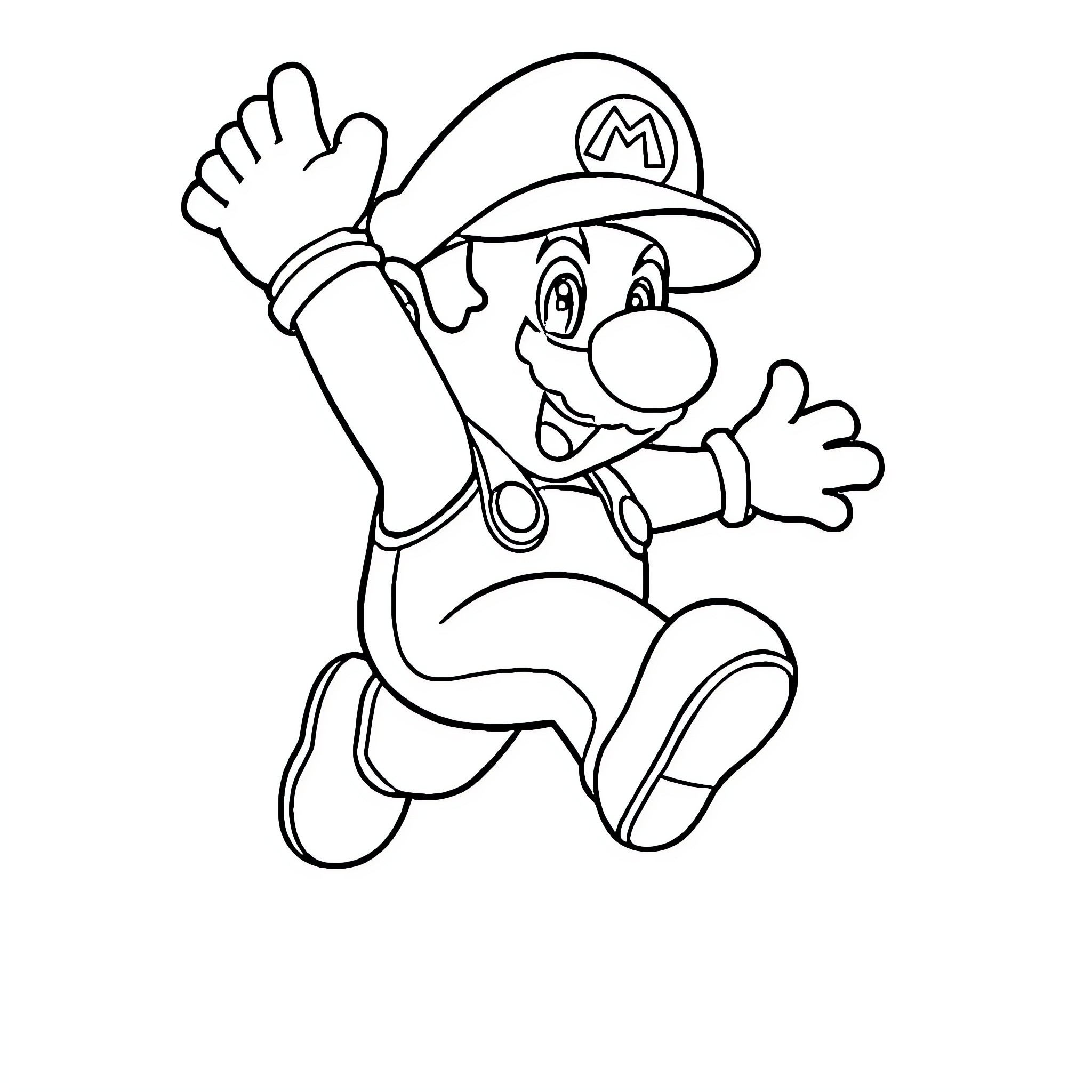Mario jumping excitedly in his classic outfit Coloring Page (free black-and-white line drawing printable PDF for all, from beginners to advanced learners, including children, teens, adults, and seniors)