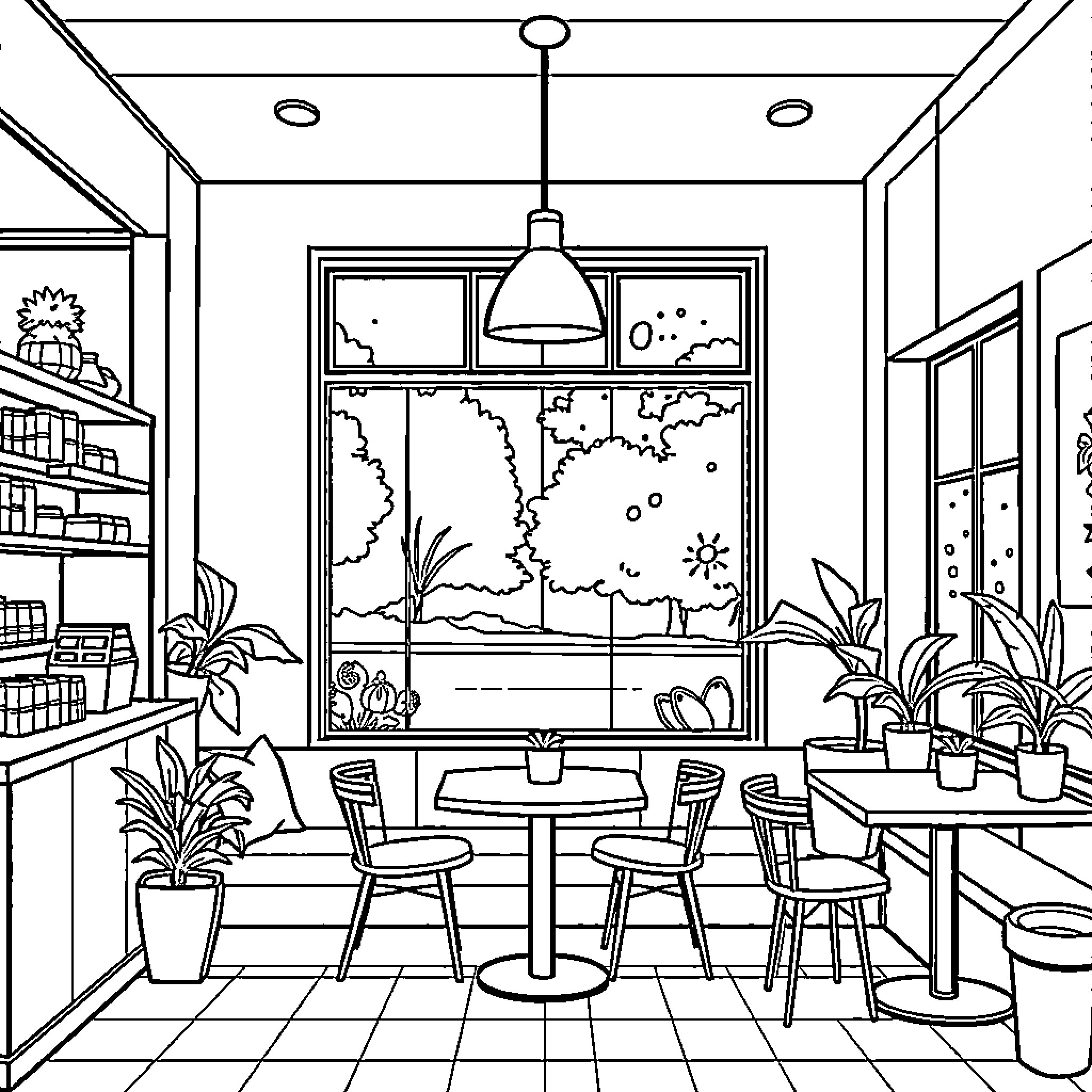 Coffee Shop Filled with Cozy Furnishings and Decor Coloring Page (free black-and-white line drawing printable PDF for all, from beginners to advanced learners, including children, teens, adults, and seniors)