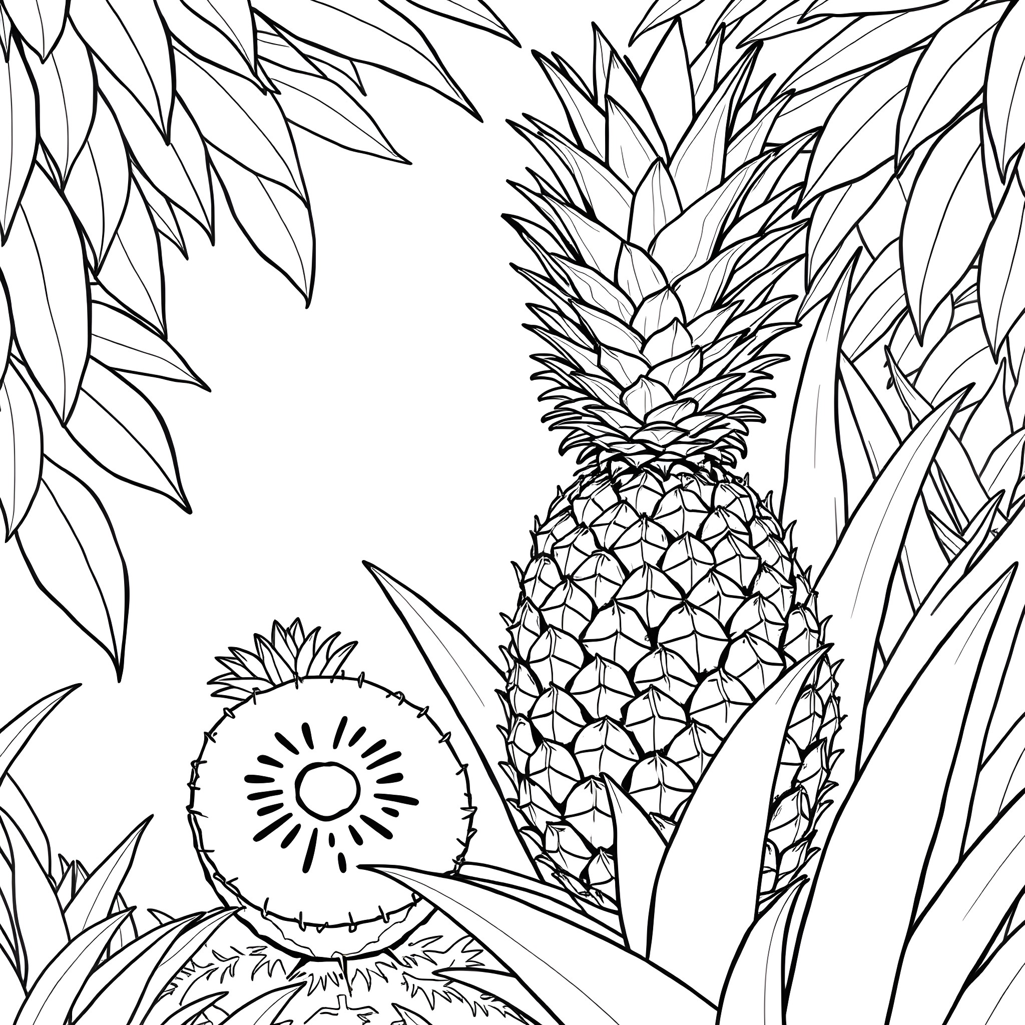 Pineapple and tropical foliage Coloring Page (free black-and-white line drawing printable PDF for all, from beginners to advanced learners, including children, teens, adults, and seniors)