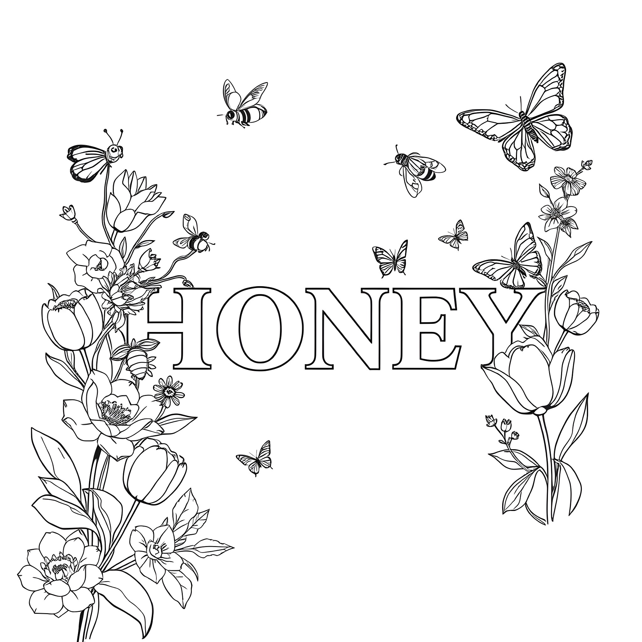 Honey - Floral and Butterfly Illustrations Coloring Page (free black-and-white line drawing printable PDF for all, from beginners to advanced learners, including children, teens, adults, and seniors)